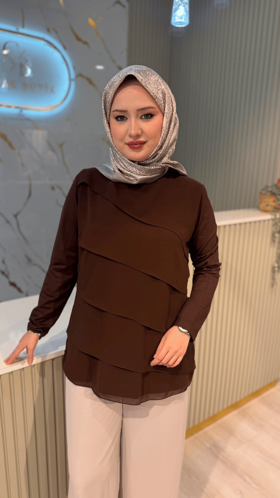 573 KAT KAT ŞİFON TUNIK - KAHVE