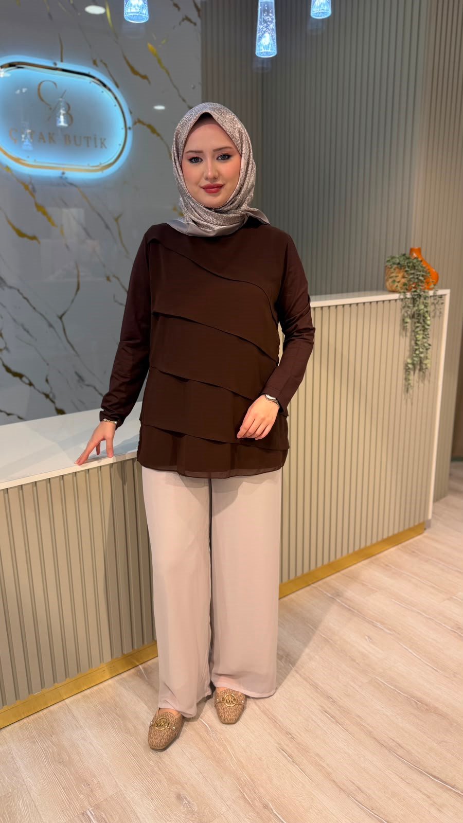 834 ŞİFON PANTOLON - TAŞ