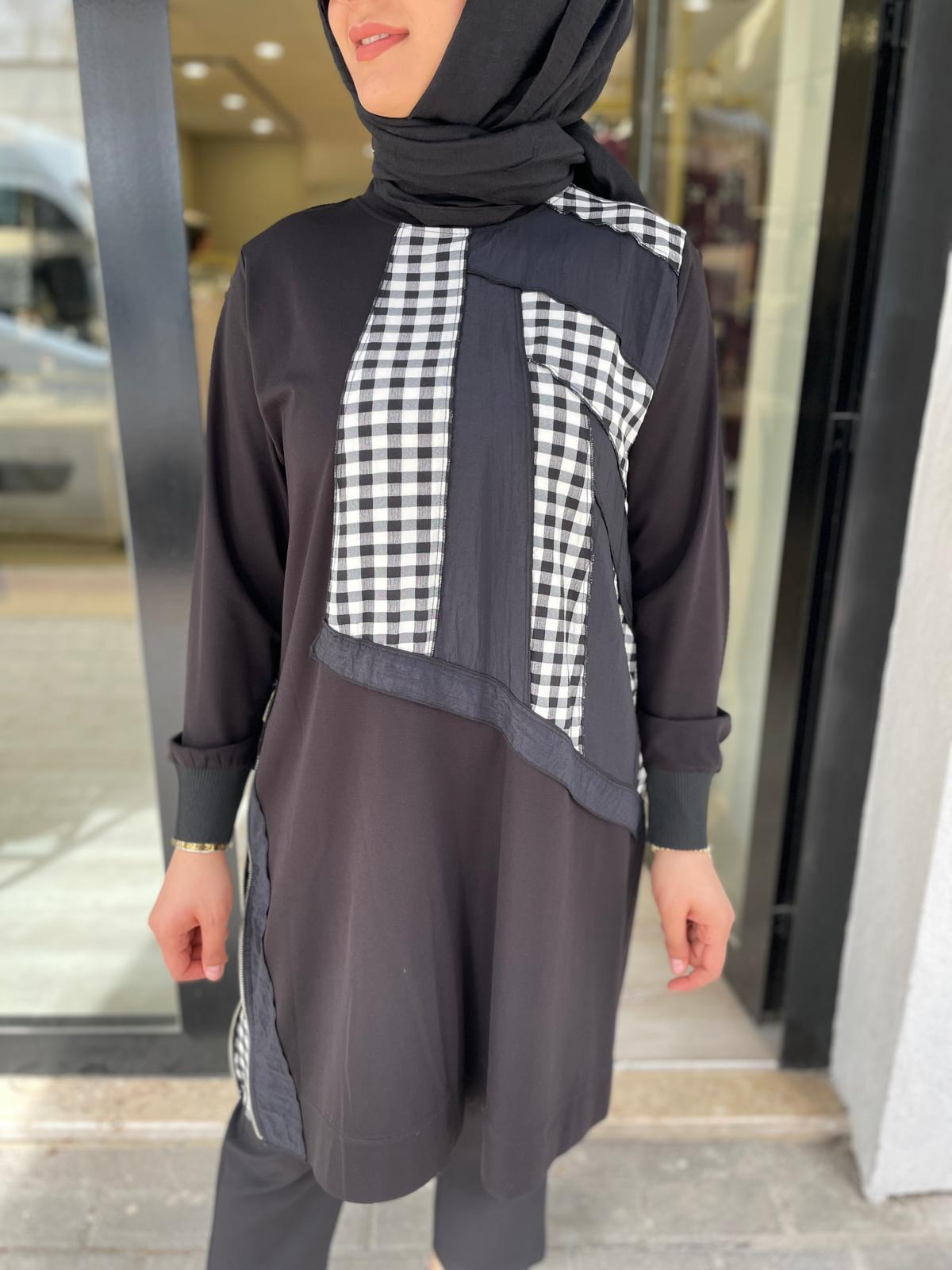 BÜYÜK BEDEN PATCHWORK TUNİK-SİYAH