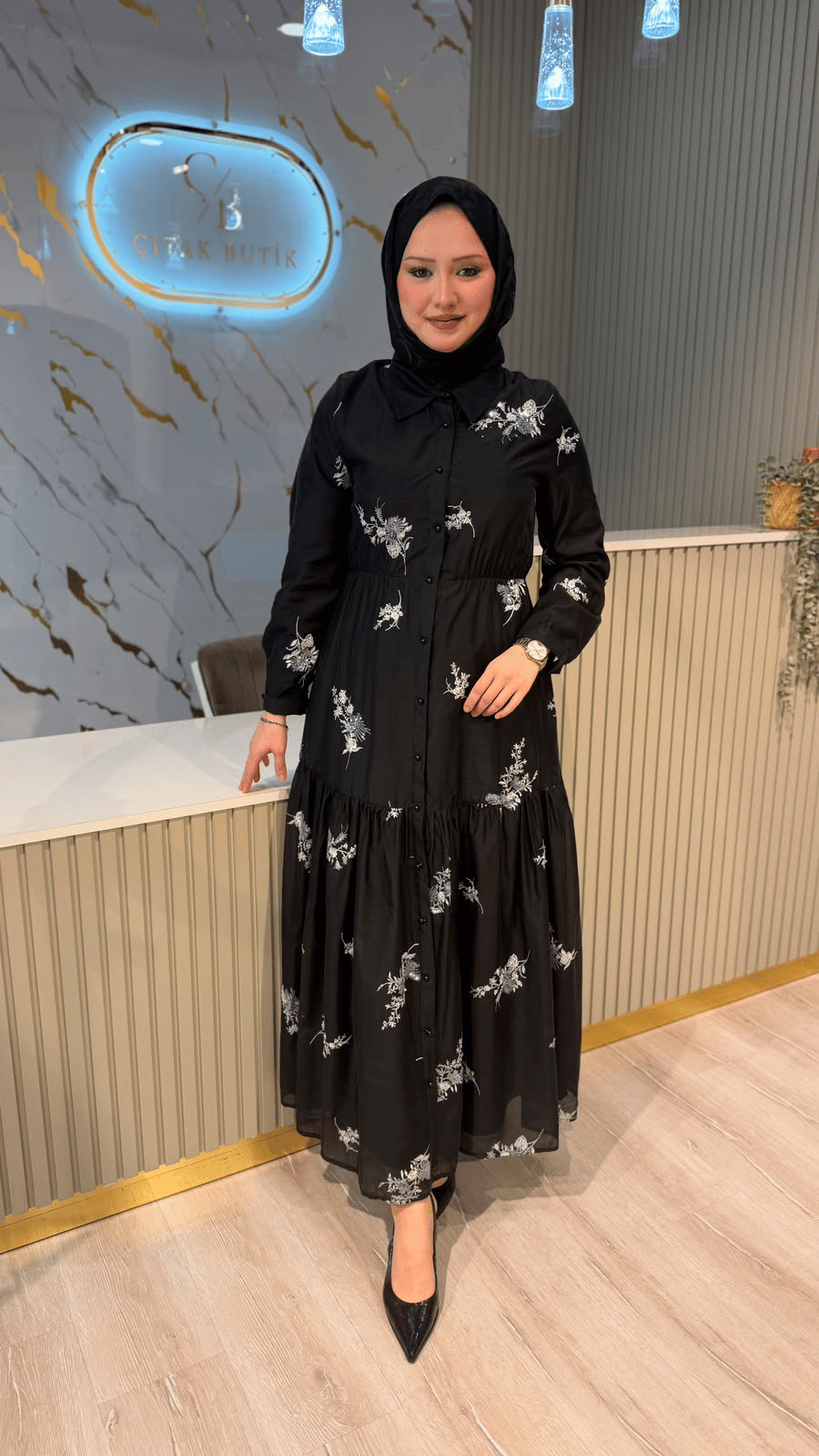 CEREMONY 732 PUL PAYET İŞLEMELİ İNCİ ELBİSE- SİYAH