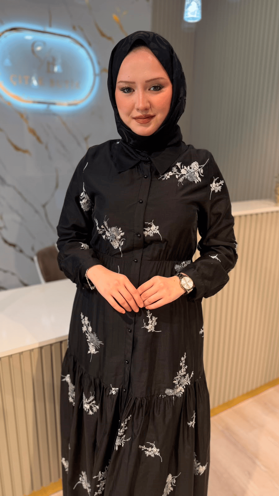 CEREMONY 732 PUL PAYET İŞLEMELİ İNCİ ELBİSE- SİYAH