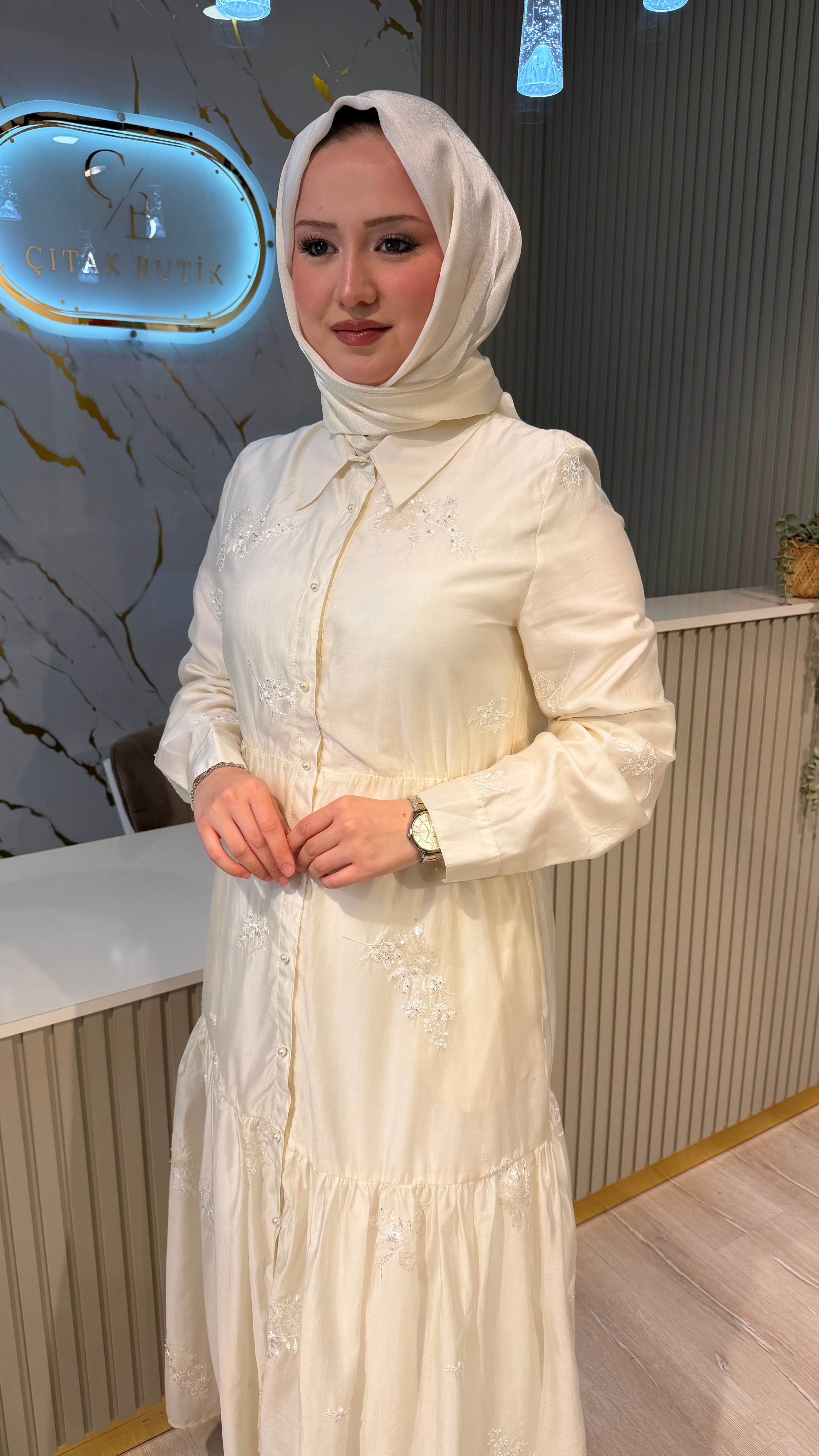 CEREMONY 732 PUL PAYET İŞLEMELİ İNCİ ELBİSE-  KREM