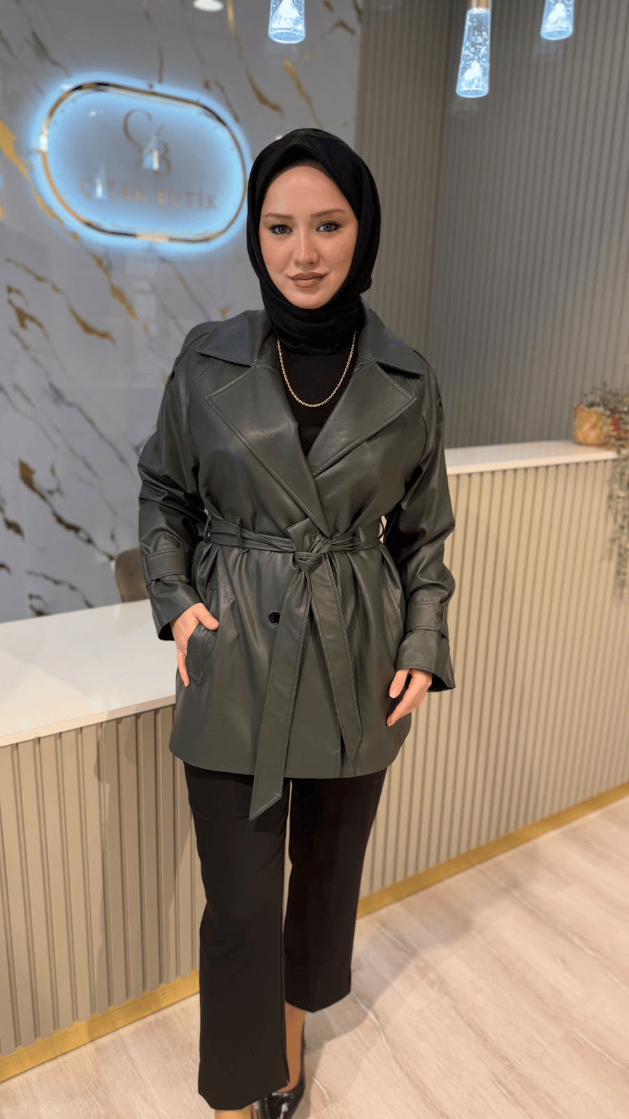 CEREMONY 849 KISA NERO DERİ TRENÇKOT - HAKİ