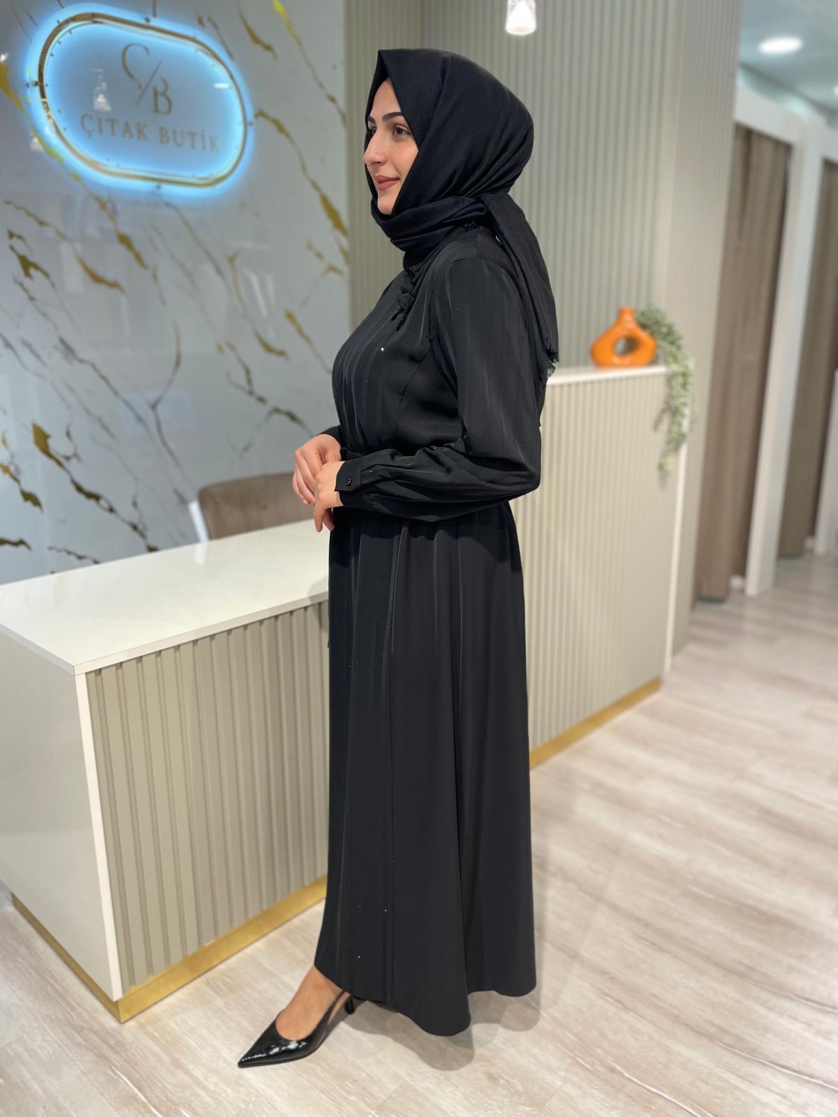 FUAT GÜRŞEN 4101 TAŞ DETAYLI ELBİSE-SİYAH