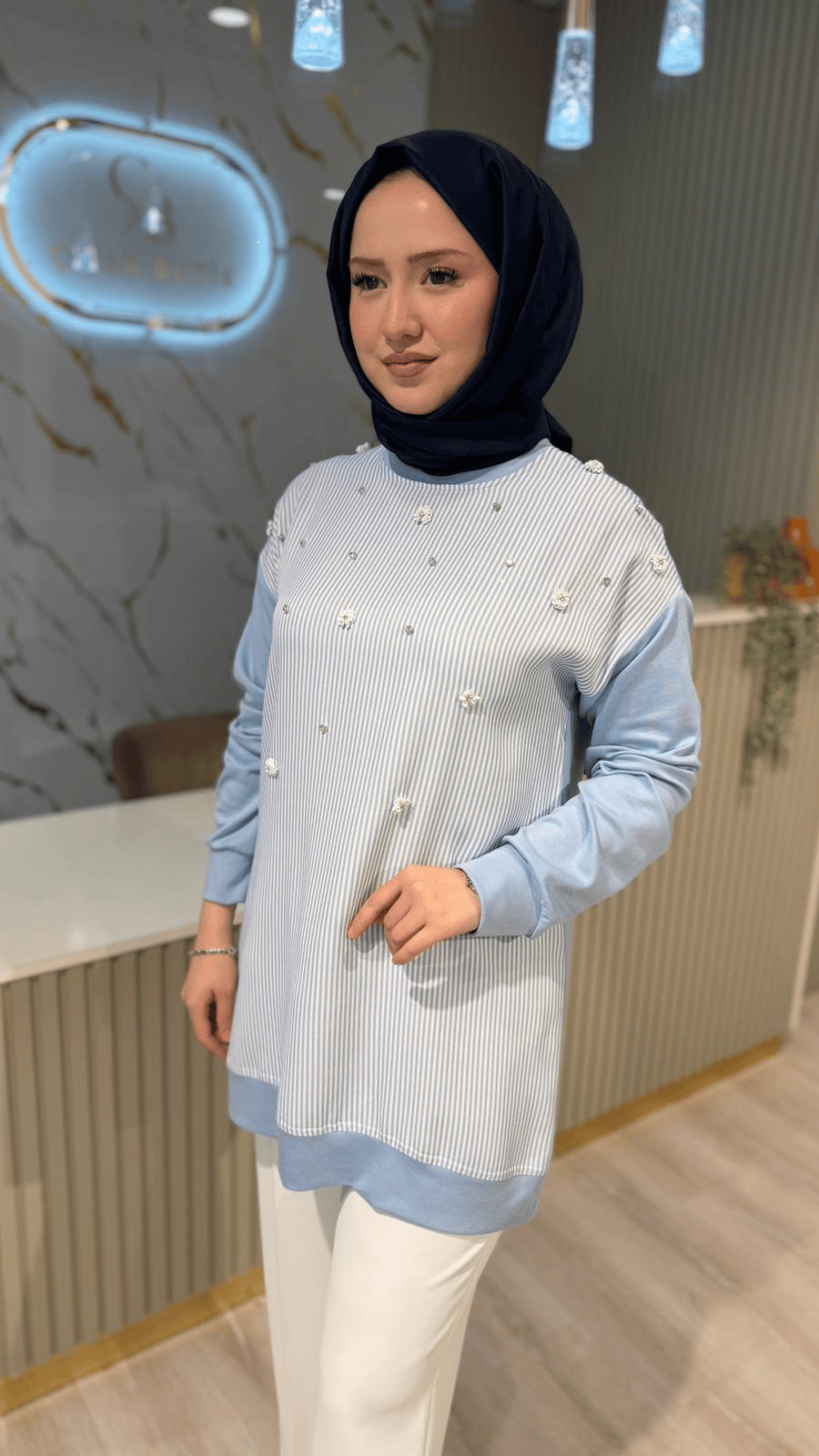 FUAT GÜRŞEN 5363 TAŞ DETAYLI BLUZ - MAVİ