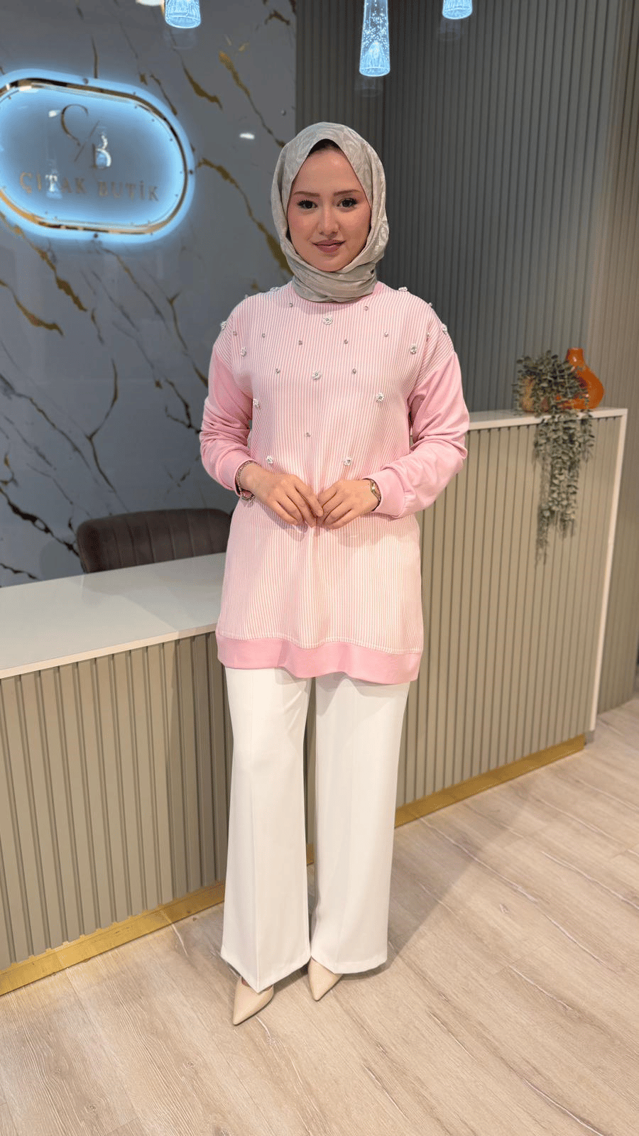 FUAT GÜRŞEN 5363 TAŞ DETAYLI BLUZ - PEMBE