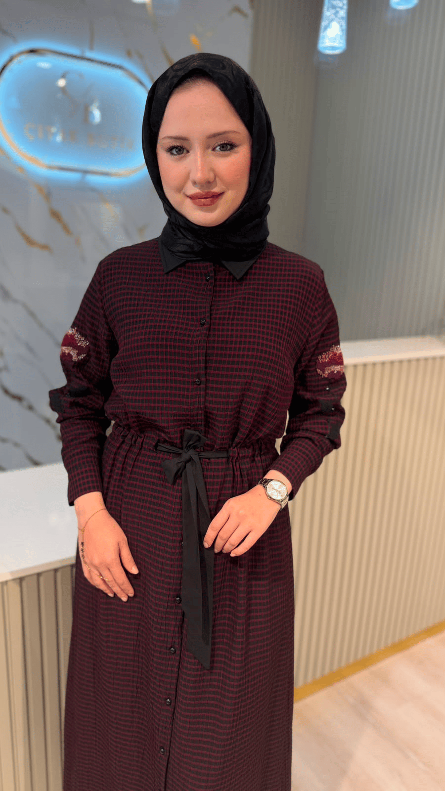 FUAT GÜRŞEN 6102 BONCUK DETAYLI ELBİSE-BORDO