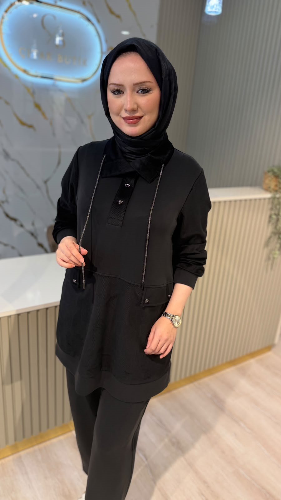 FUAT GÜRŞEN 6216 SİM İP DETAYLI TAKIM - SİYAH