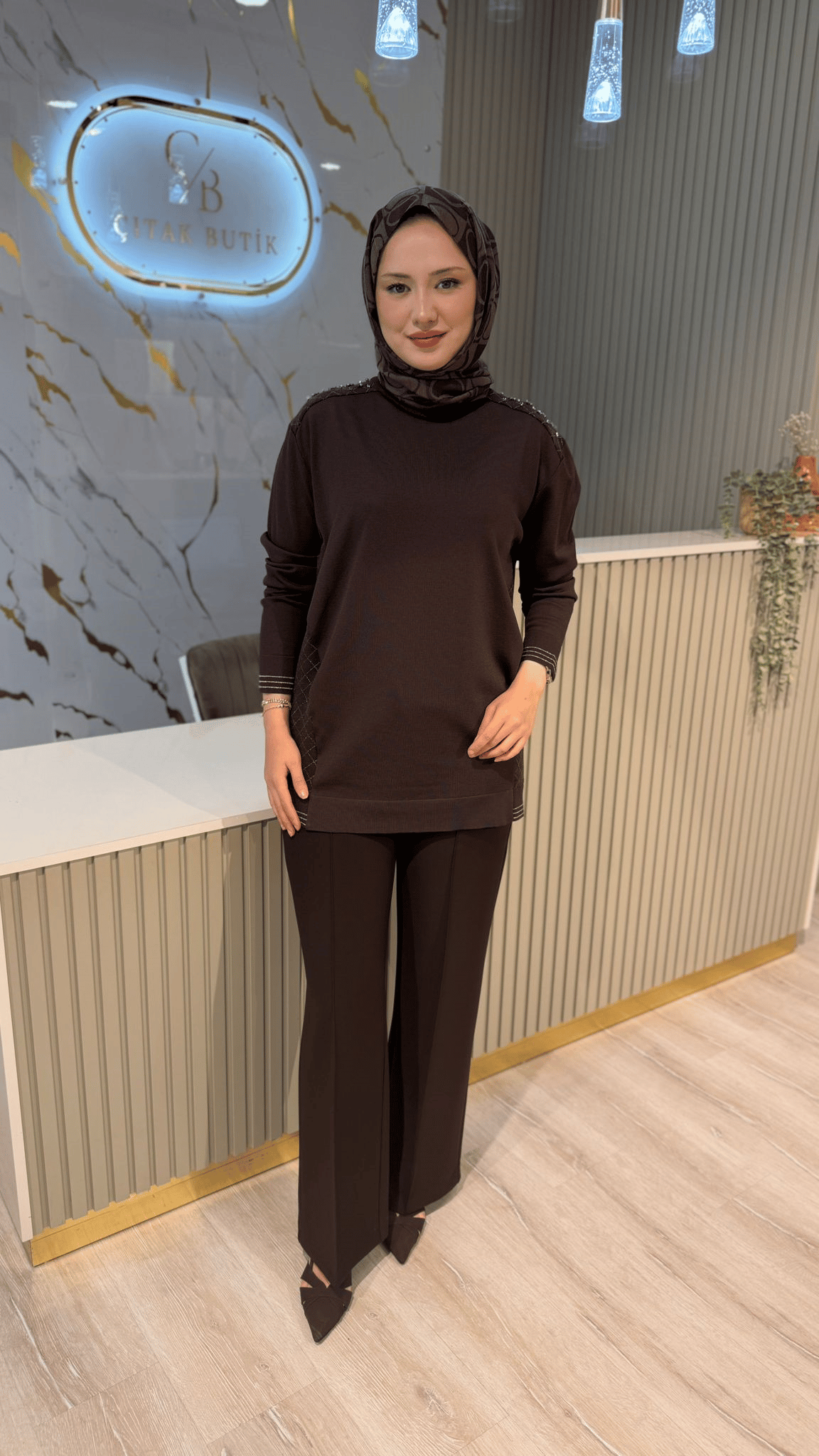 FUAT GÜRŞEN 6903 TAŞ DETAYLI TRİKO TUNİK-KAHVE