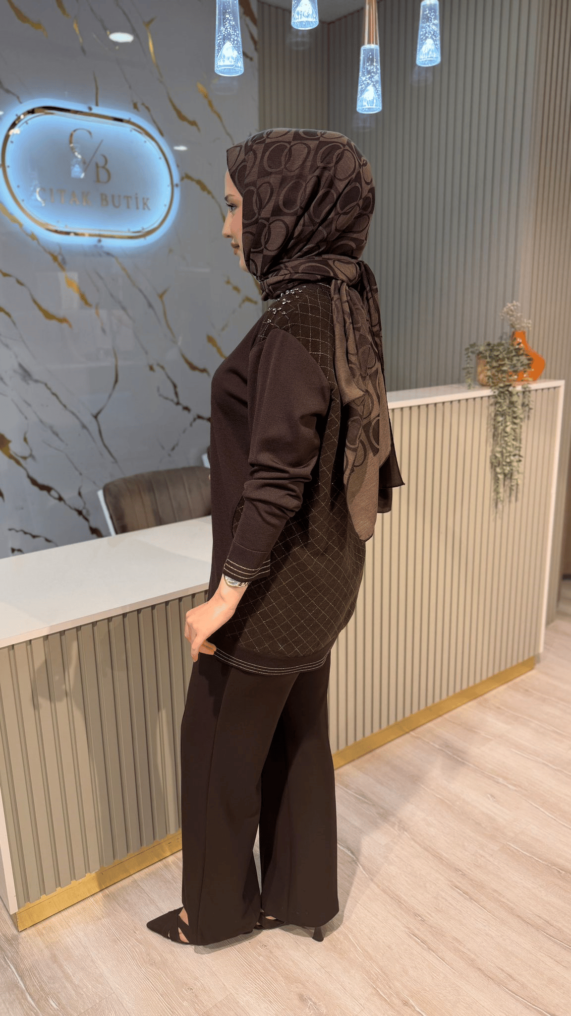 FUAT GÜRŞEN 6903 TAŞ DETAYLI TRİKO TUNİK-KAHVE