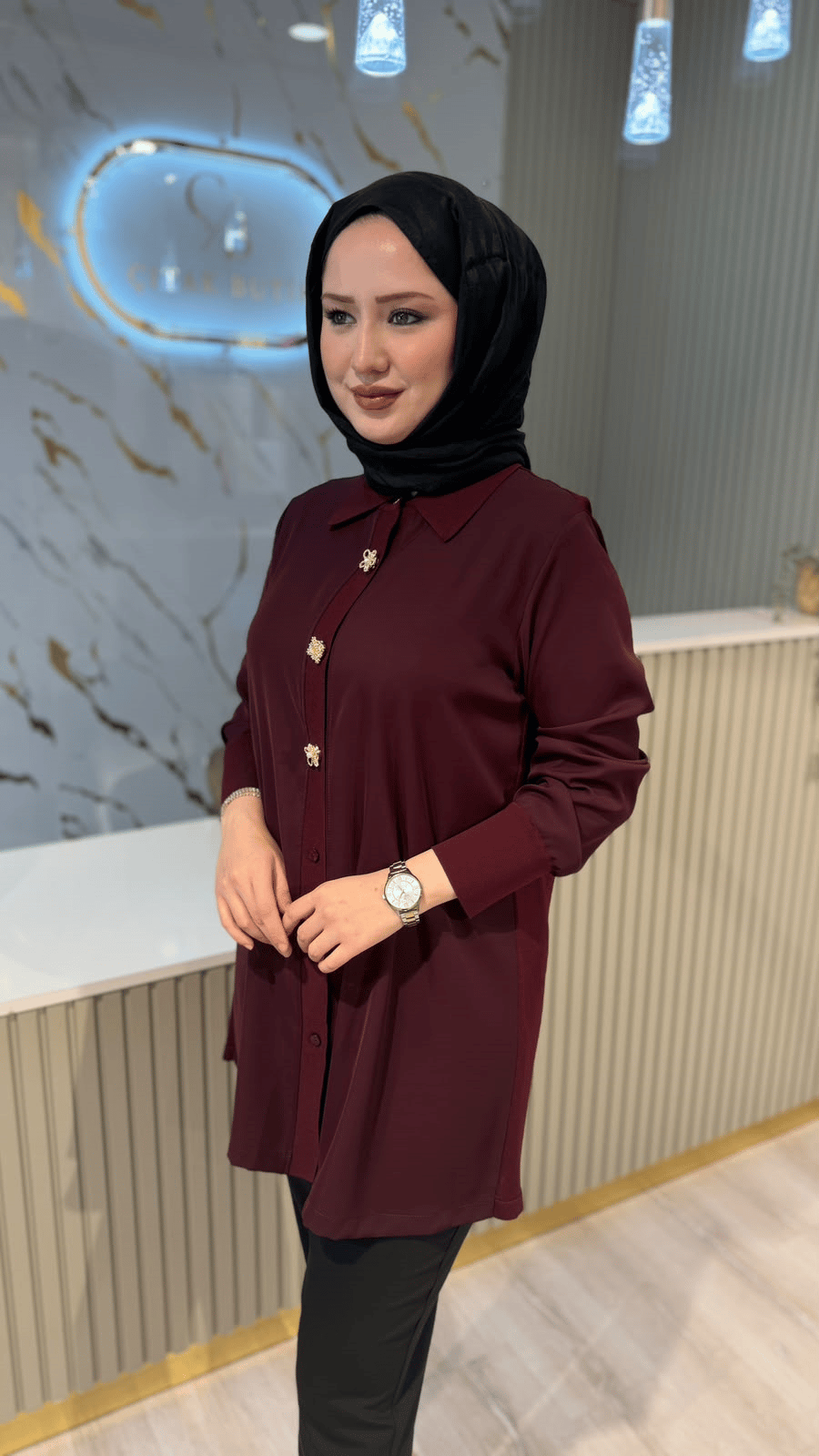 FUAT GÜRŞEN 6931 MERSERİZE DETAYLI TUNİK - MÜRDÜM