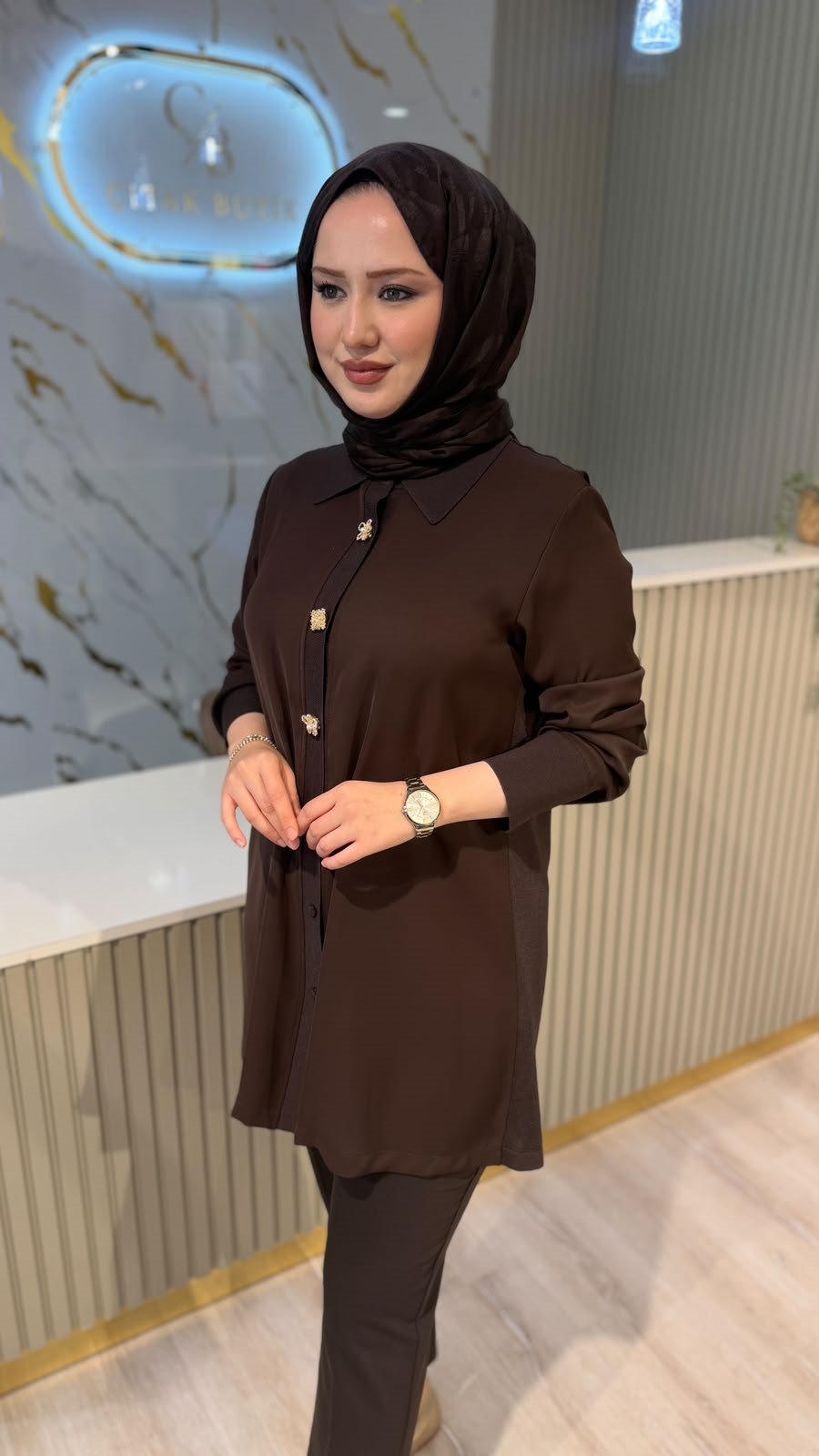 FUAT GÜRŞEN 6931 MERSERİZE DETAYLI TUNİK - KAHVE