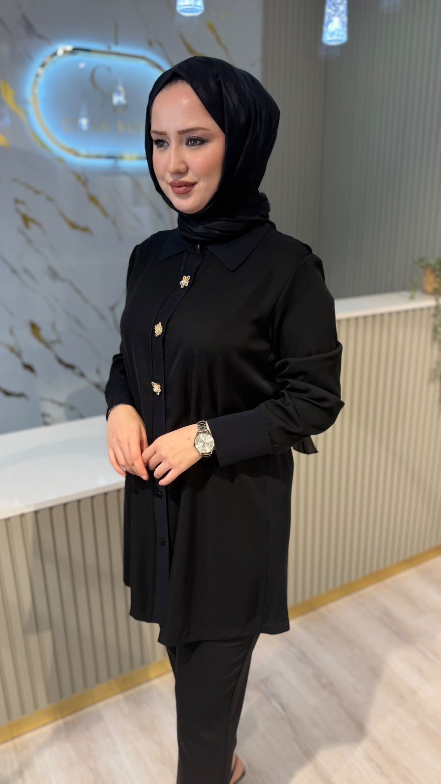 FUAT GÜRŞEN 6931 MERSERİZE DETAYLI TUNİK - SİYAH