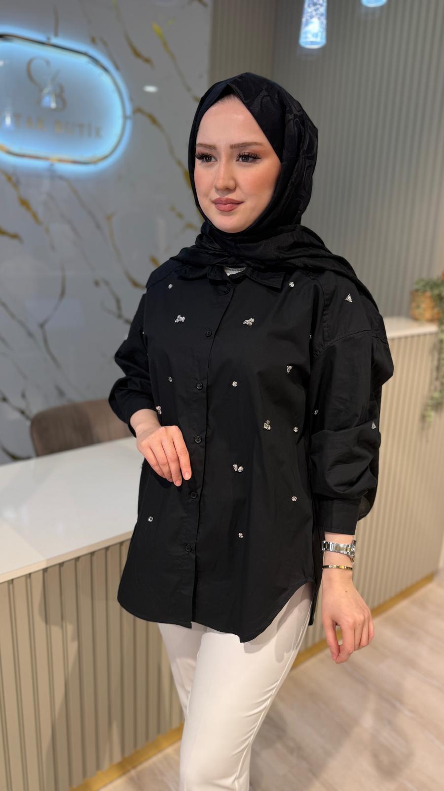 GHİSA 04306 TAŞ DETAYLI GÖMLEK- SİYAH