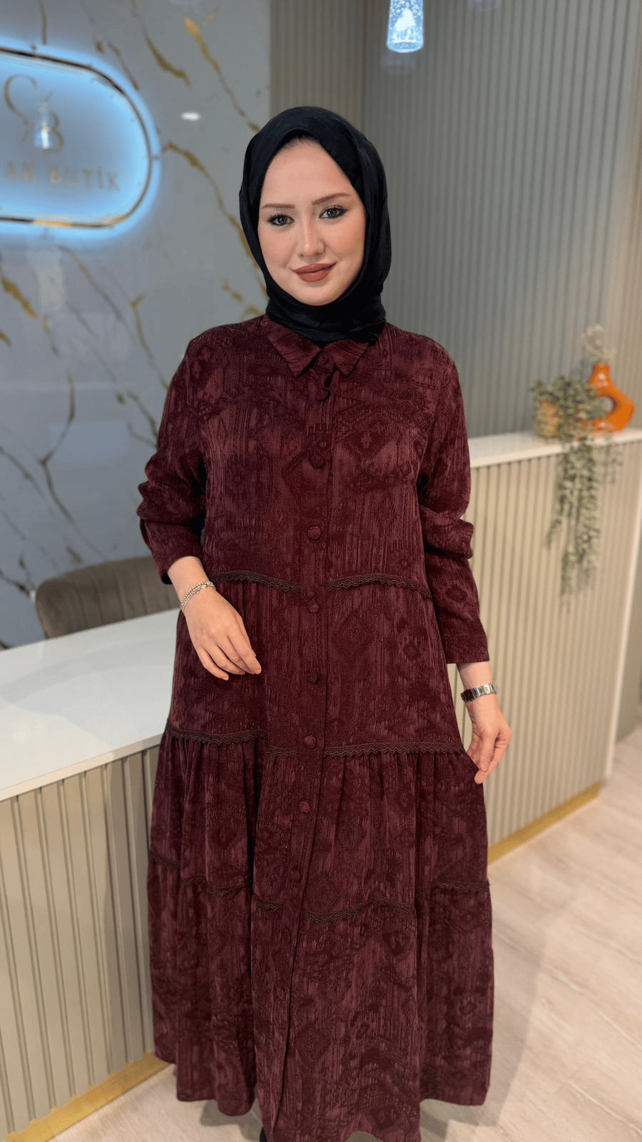 GHİSA 04406 DESENLİ ELBİSE-BORDO
