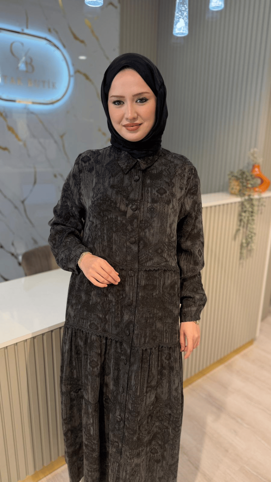 GHİSA 04406 DESENLİ ELBİSE-KAHVE