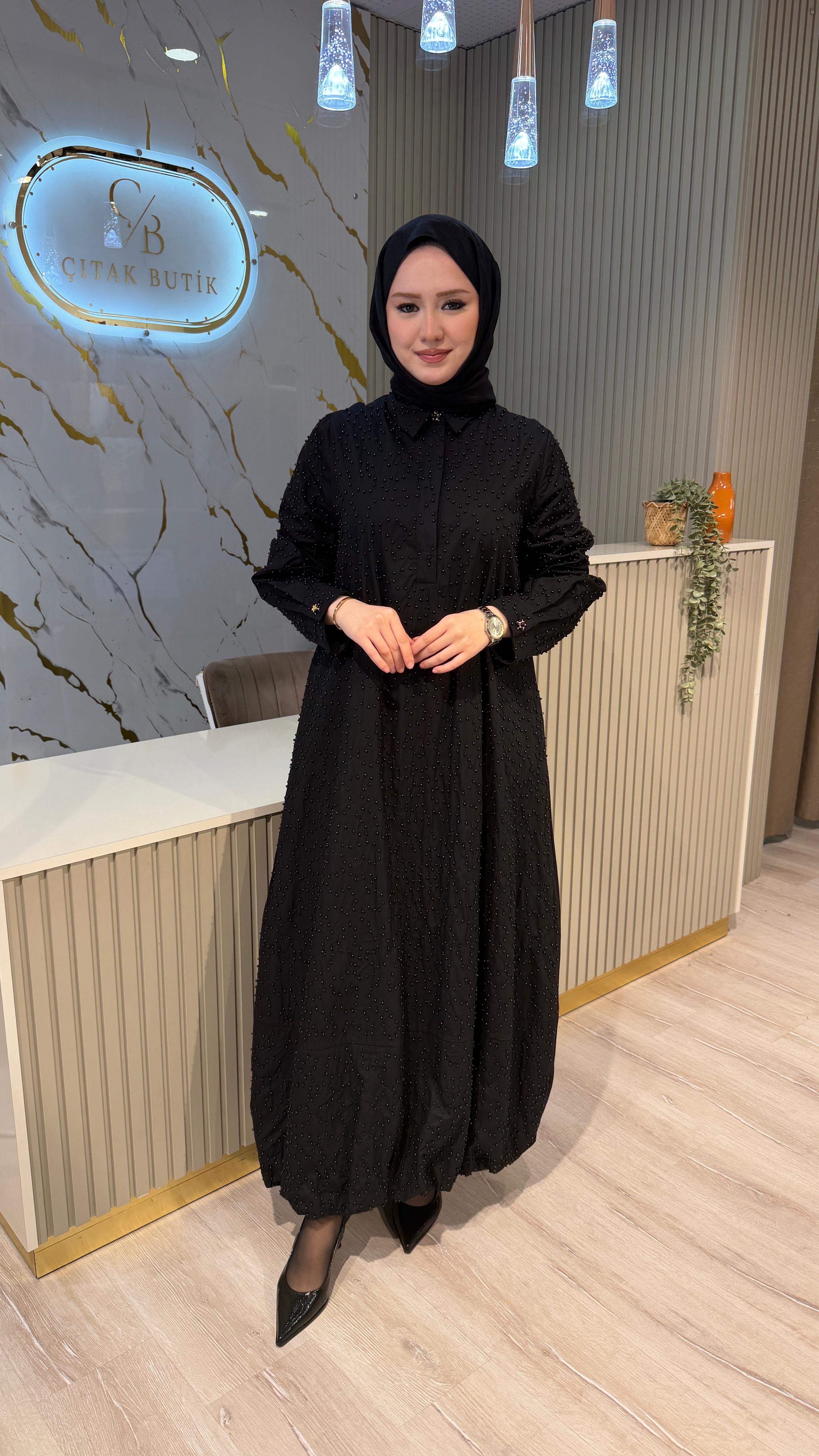 GHİSA 4326 BONCUK İŞLEME ELBİSE-SİYAH