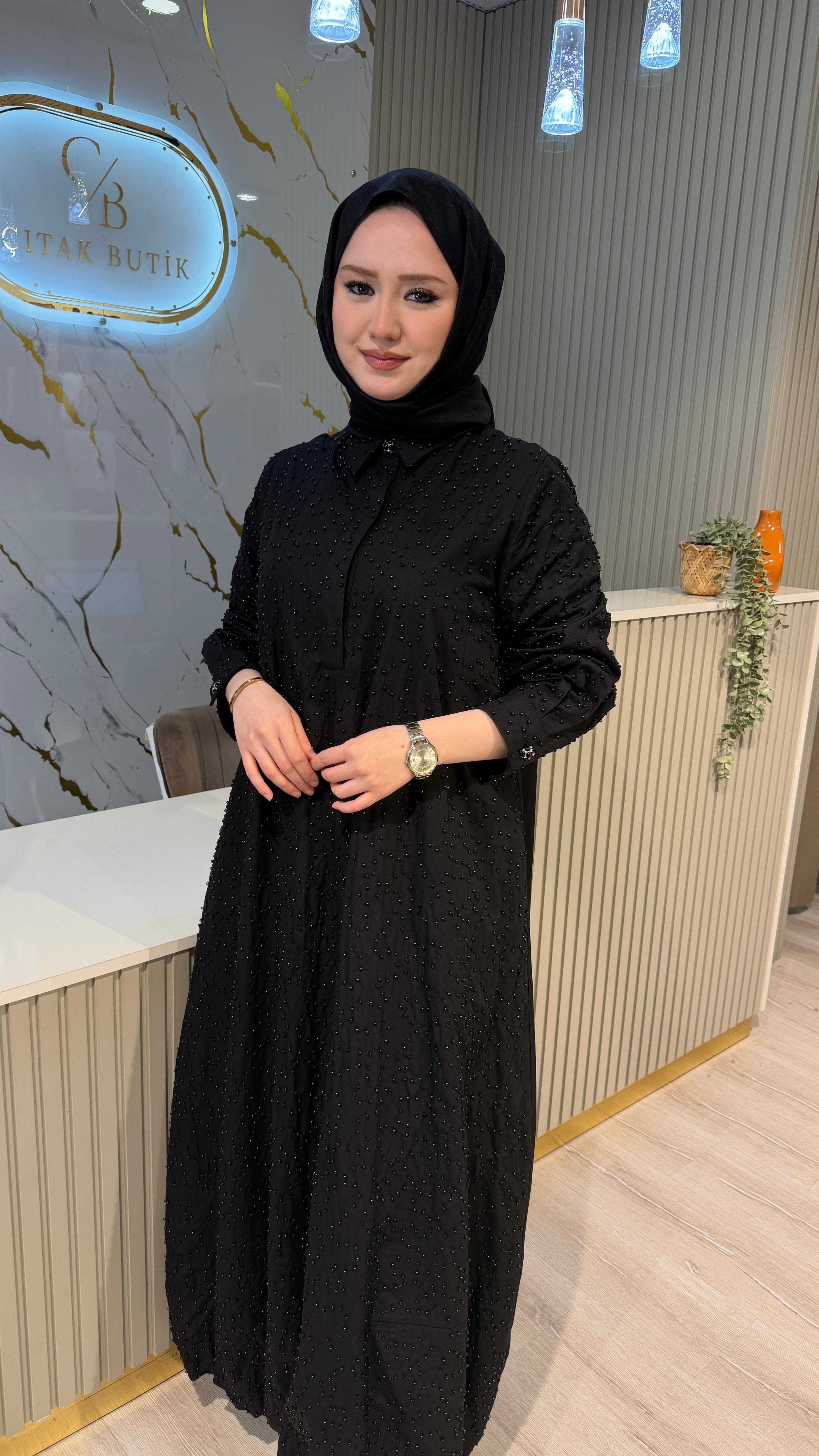 GHİSA 4326 BONCUK İŞLEME ELBİSE-SİYAH