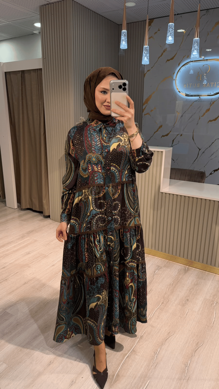 GHİSA 4490 ŞAL DESEN ELBİSE - KAHVE