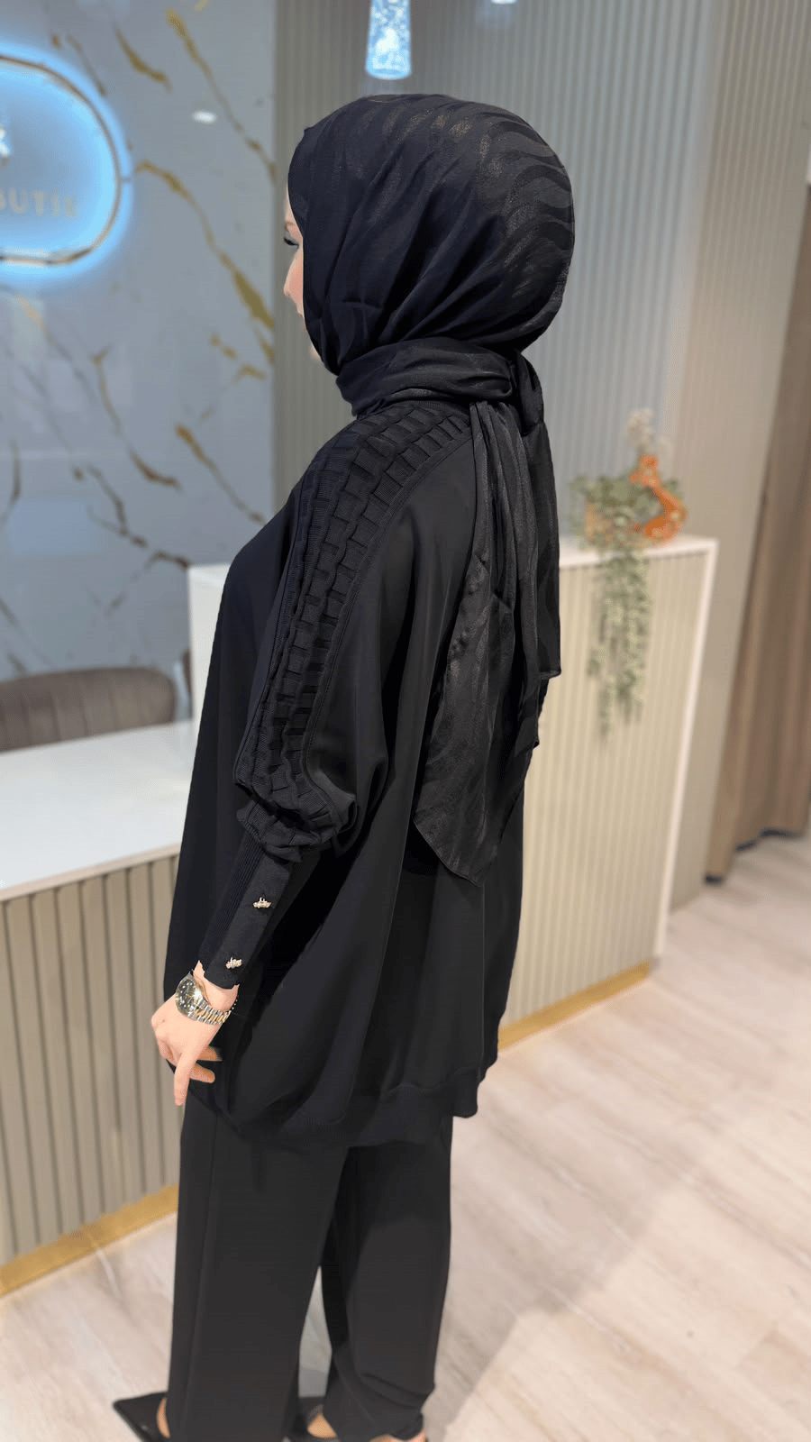 GHİSA 4492 KOLU TAŞ DETAYLI MERSERİZE TUNIK- SİYAH
