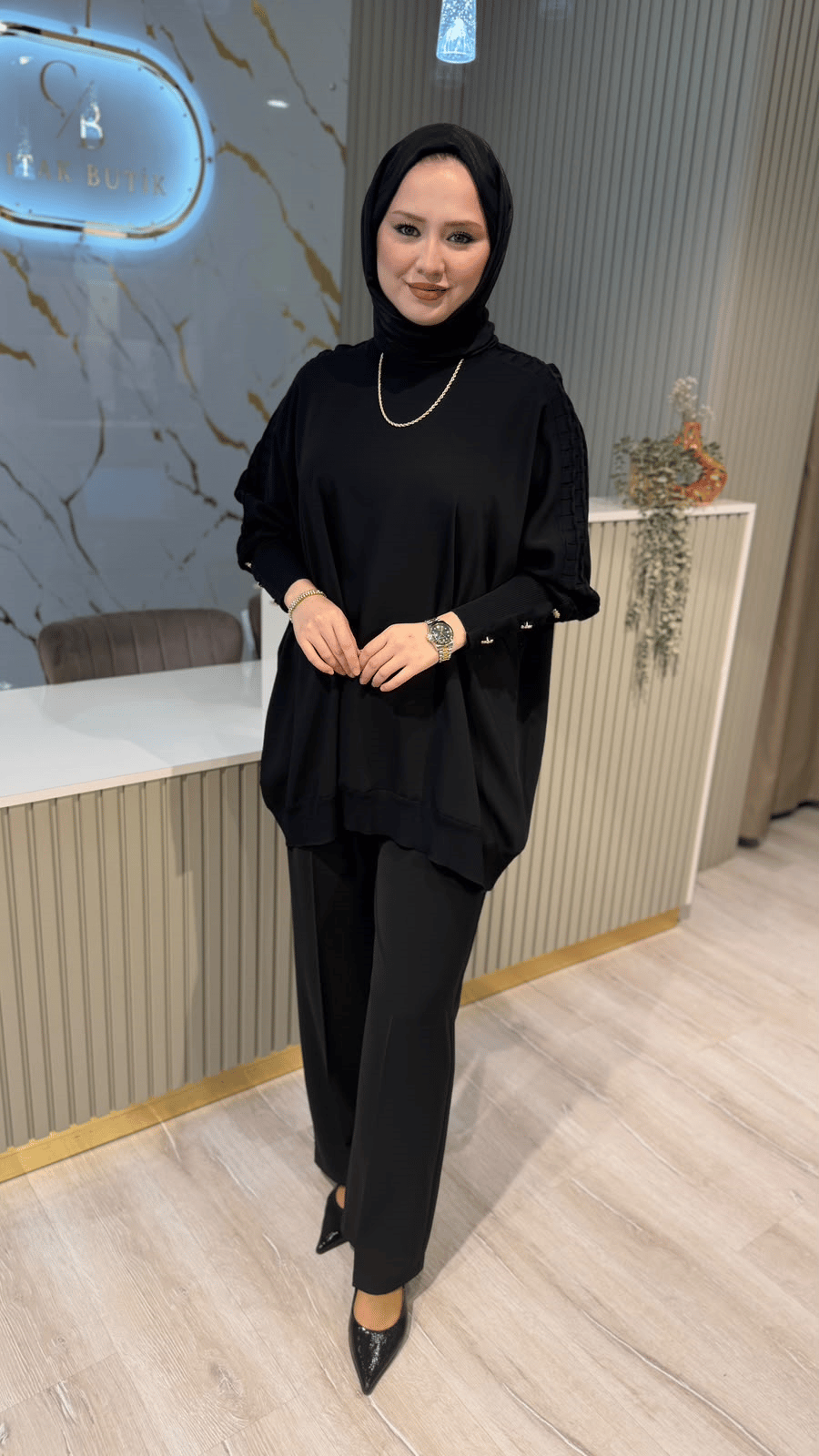 GHİSA 4492 KOLU TAŞ DETAYLI MERSERİZE TUNIK- SİYAH