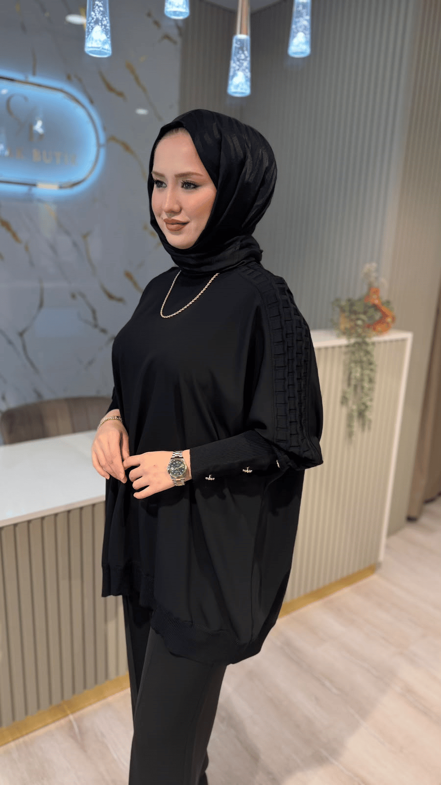 GHİSA 4492 KOLU TAŞ DETAYLI MERSERİZE TUNIK- SİYAH
