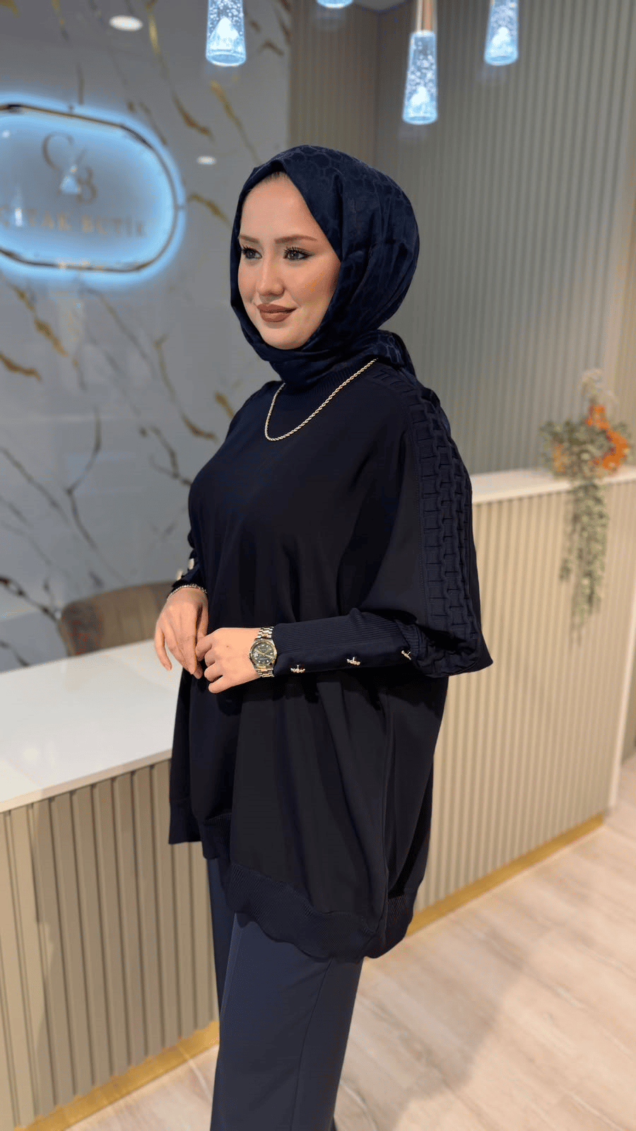 GHİSA 4492 KOLU TAŞ DETAYLI MERSERİZE TUNIK- LACİVERT
