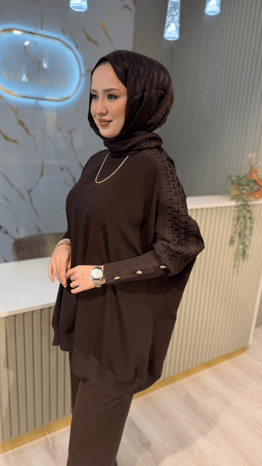GHİSA 4492 KOLU TAŞ DETAYLI MERSERİZE TUNIK- KAHVE