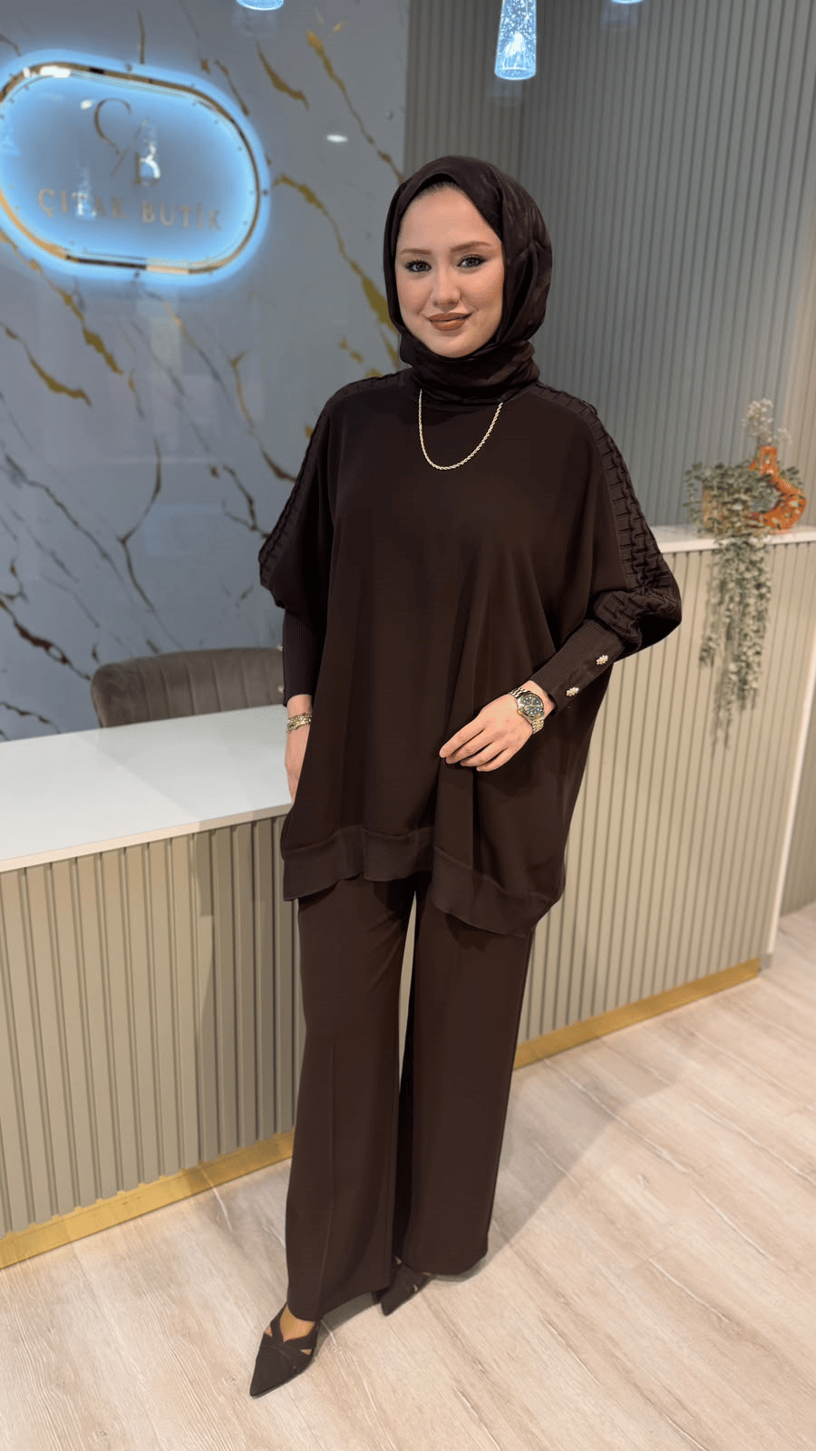 GHİSA 4492 KOLU TAŞ DETAYLI MERSERİZE TUNIK- KAHVE