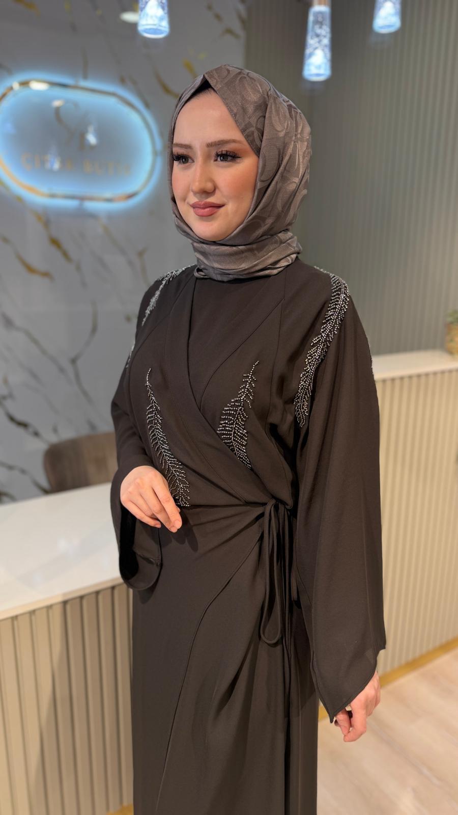GHİSA 9187 TASARIM ABAYA  TAKIM- KAHVE