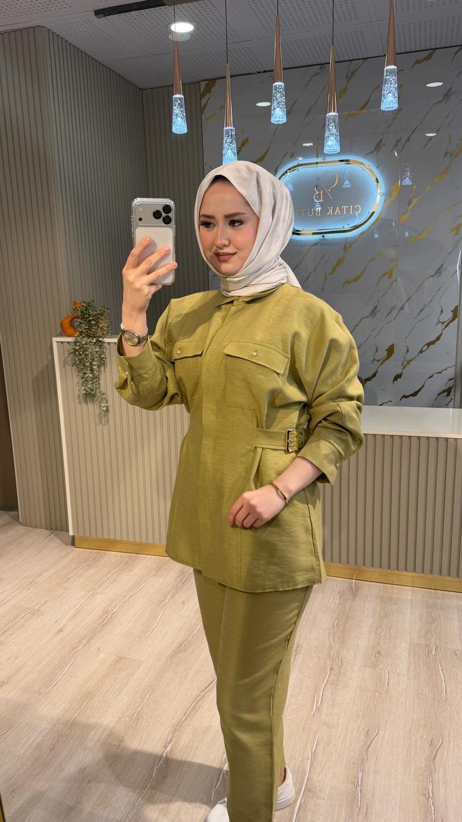 GHİSA 9189 KEMER DETAY TAKIM-YEŞİL