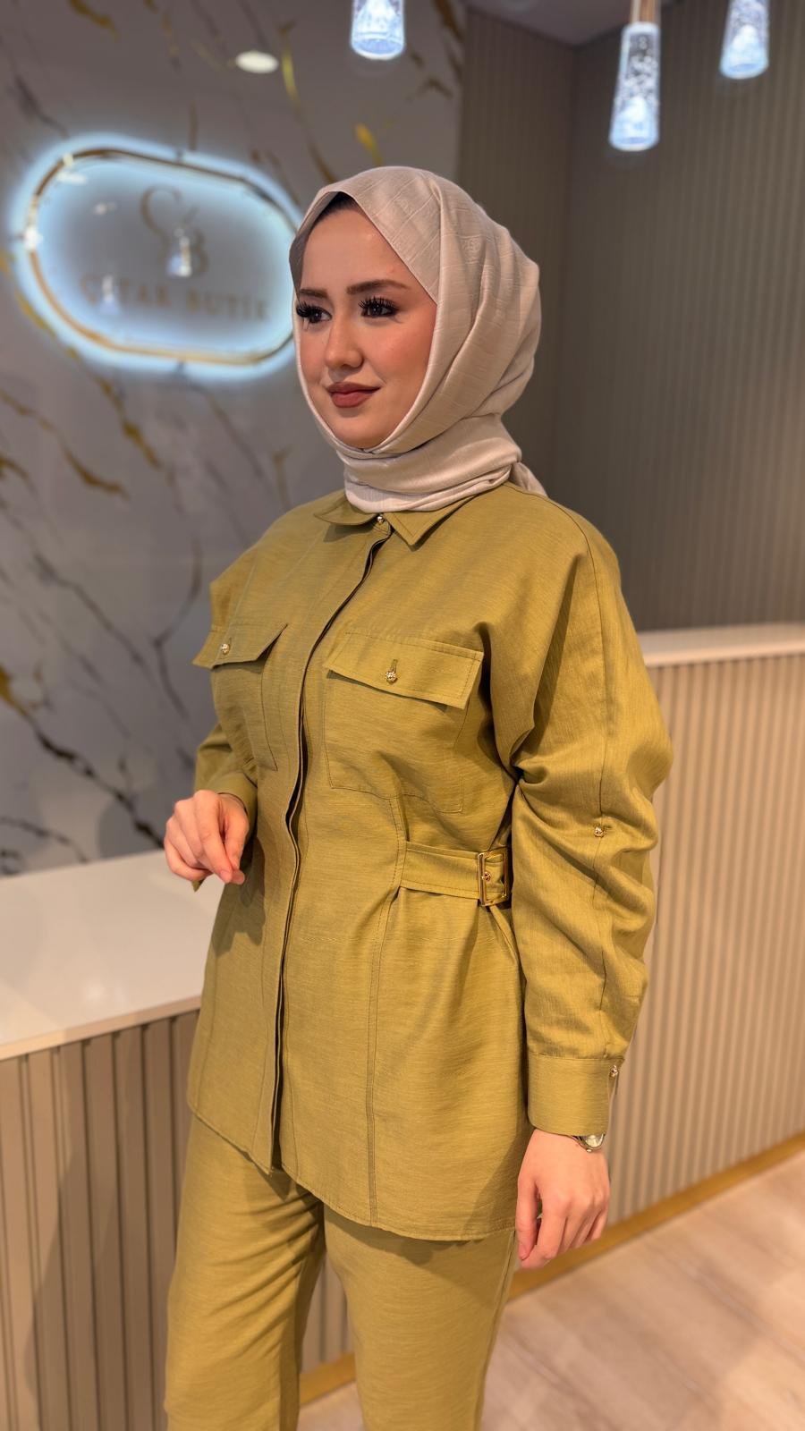 GHİSA 9189 KEMER DETAY TAKIM-YEŞİL