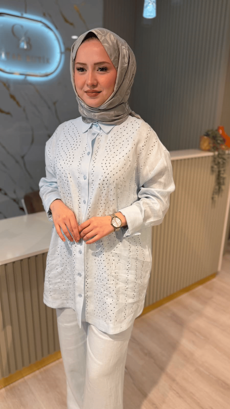 GHİSA 9375 TAŞ DETAY KETEN TAKIM-MAVİ