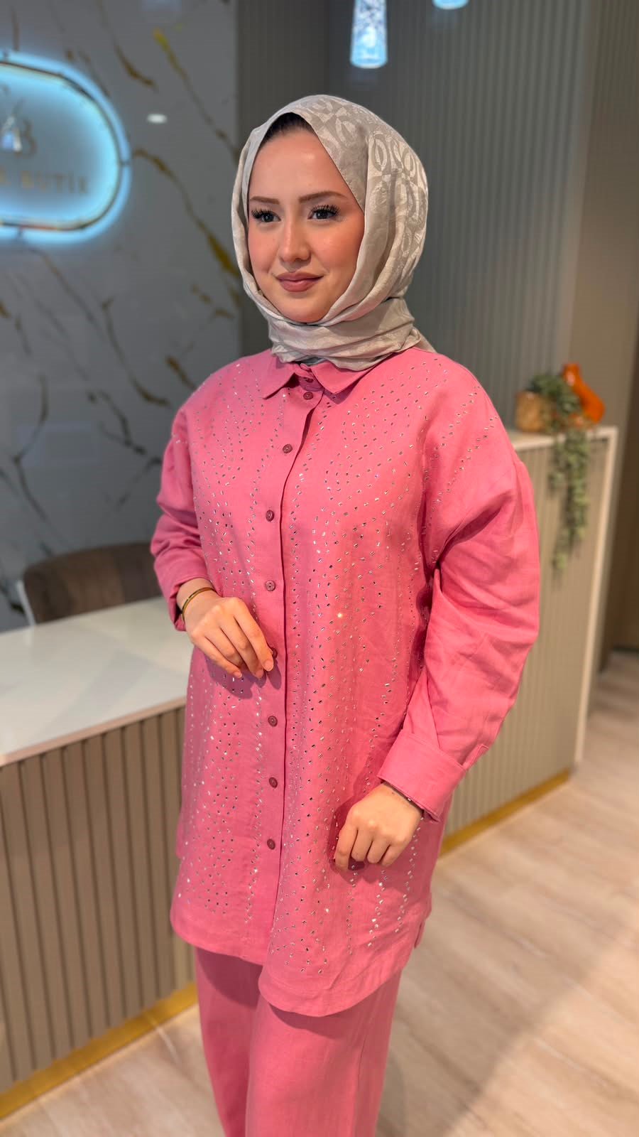 GHİSA 9375 TAŞ DETAY KETEN TAKIM-PEMBE