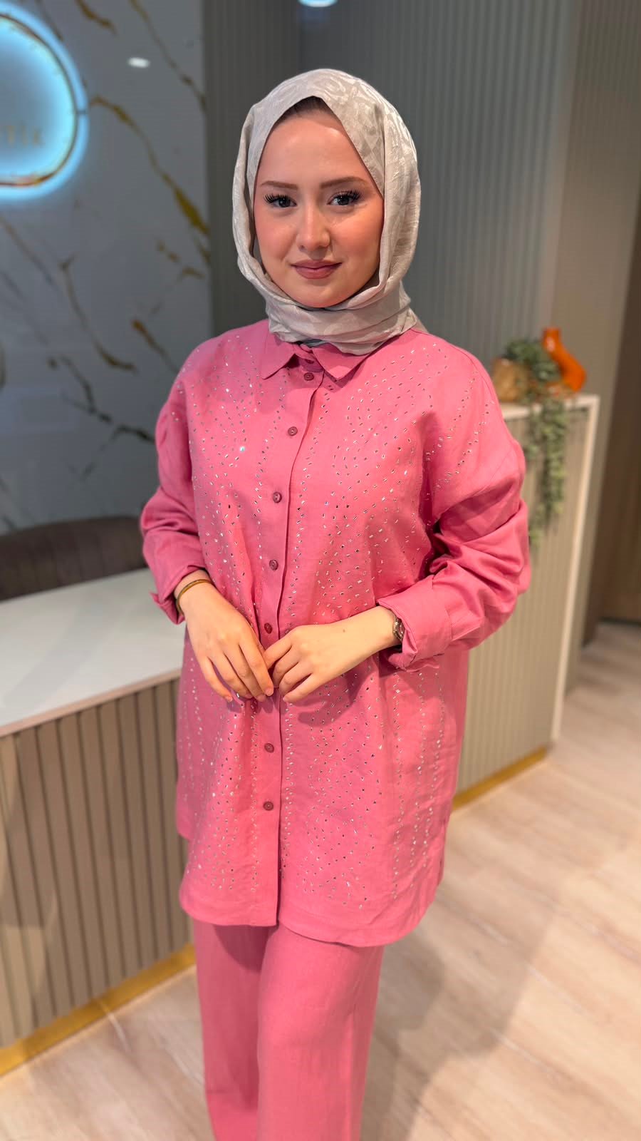 GHİSA 9375 TAŞ DETAY KETEN TAKIM-PEMBE