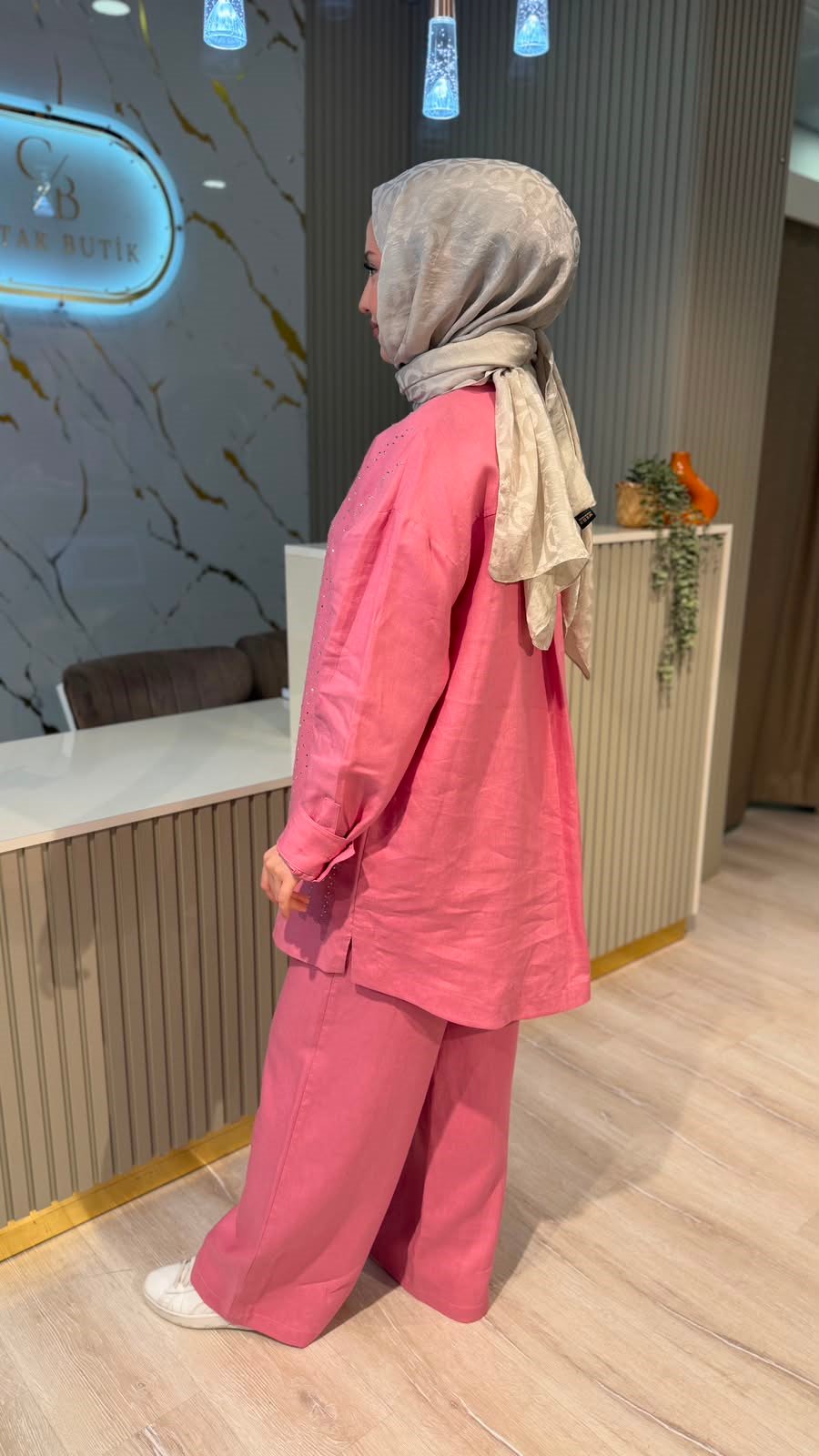 GHİSA 9375 TAŞ DETAY KETEN TAKIM-PEMBE