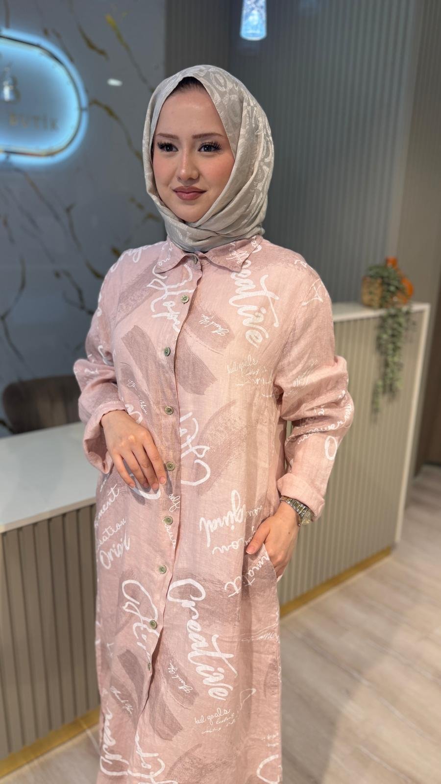 İTHAL 805 YAZI DETAYLI GÖMLEK KAP - PUDRA