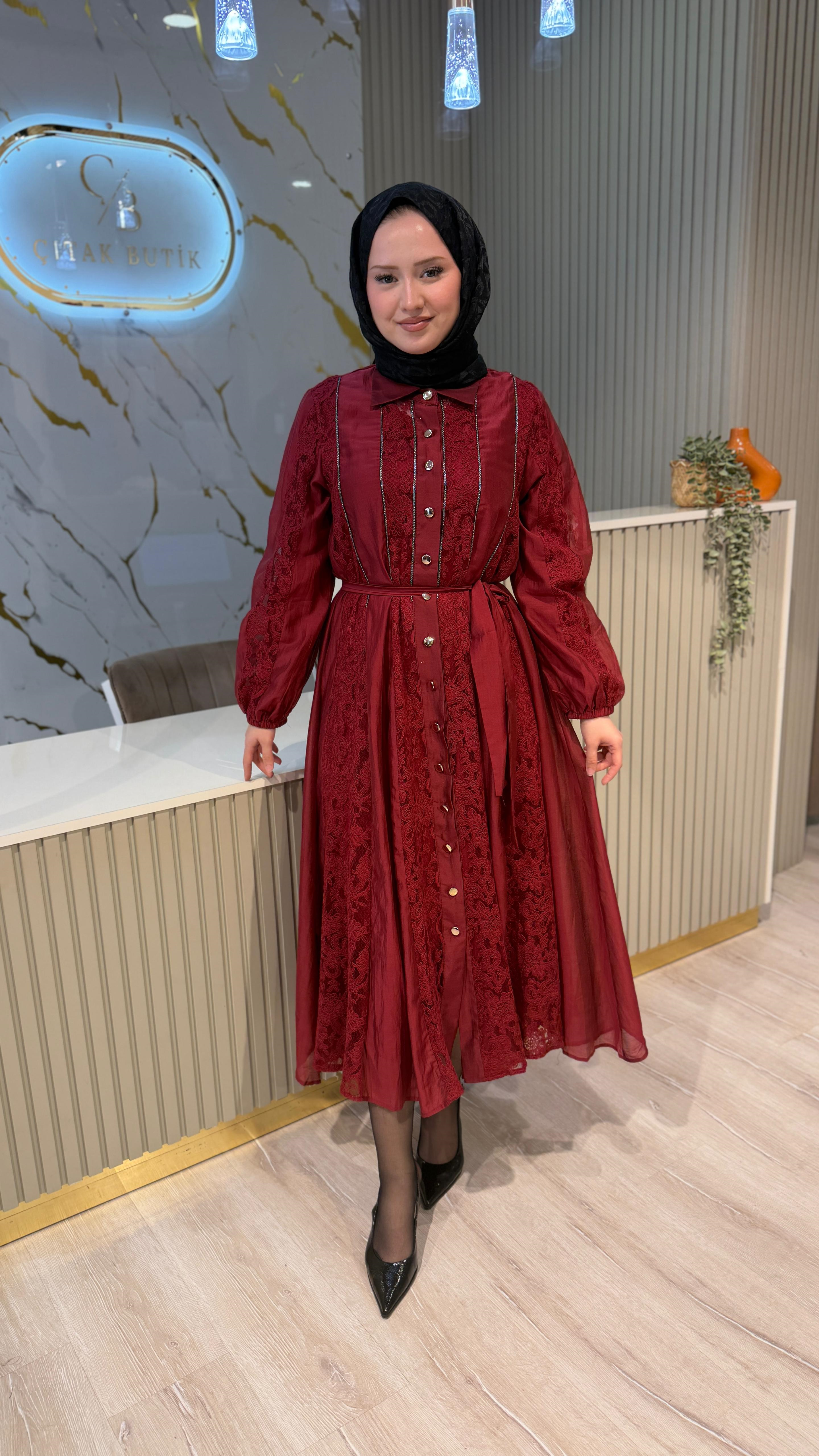 İTHAL 809 DANTEL DETAY ELBİSE - BORDO