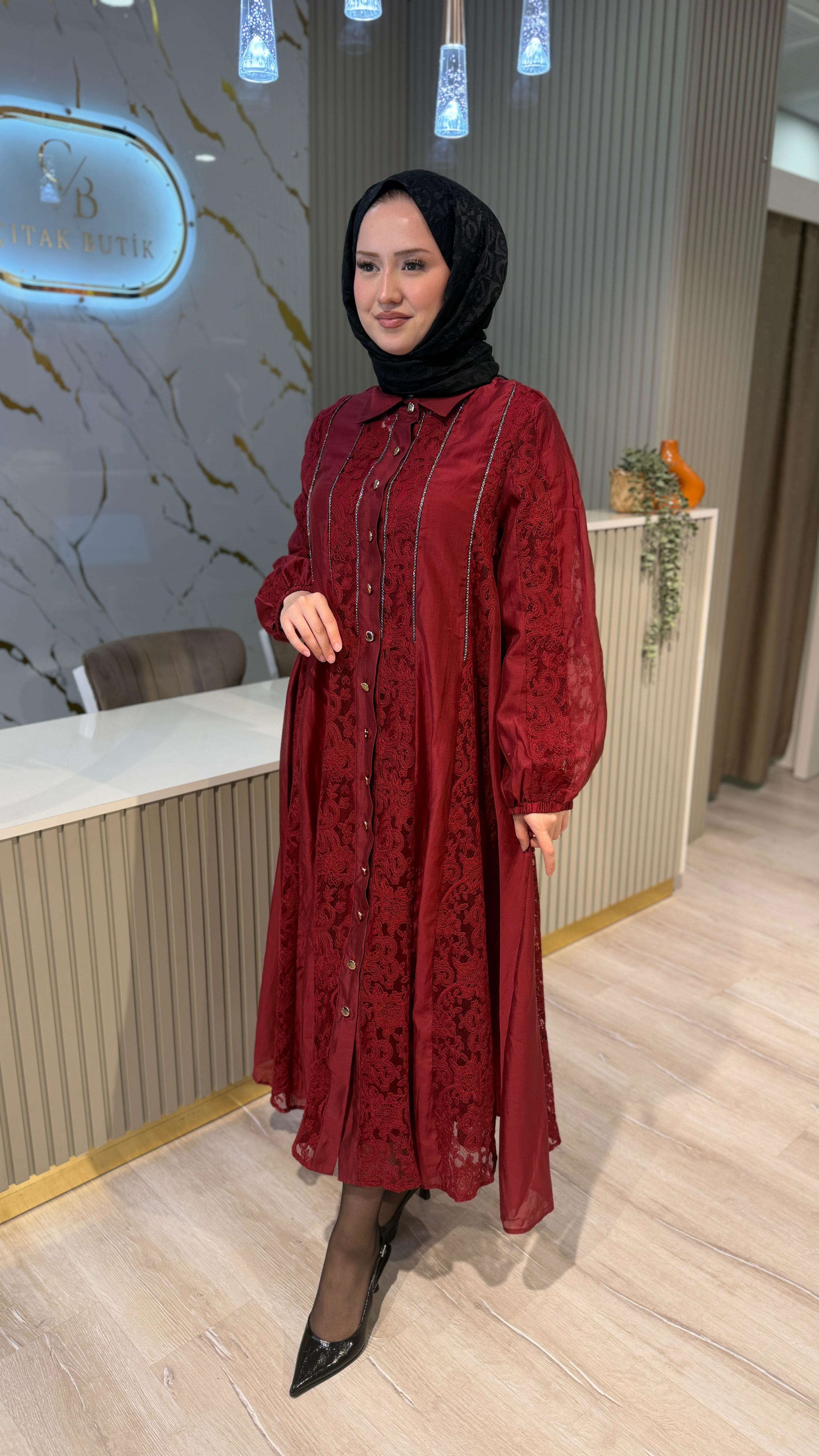 İTHAL 809 DANTEL DETAY ELBİSE - BORDO