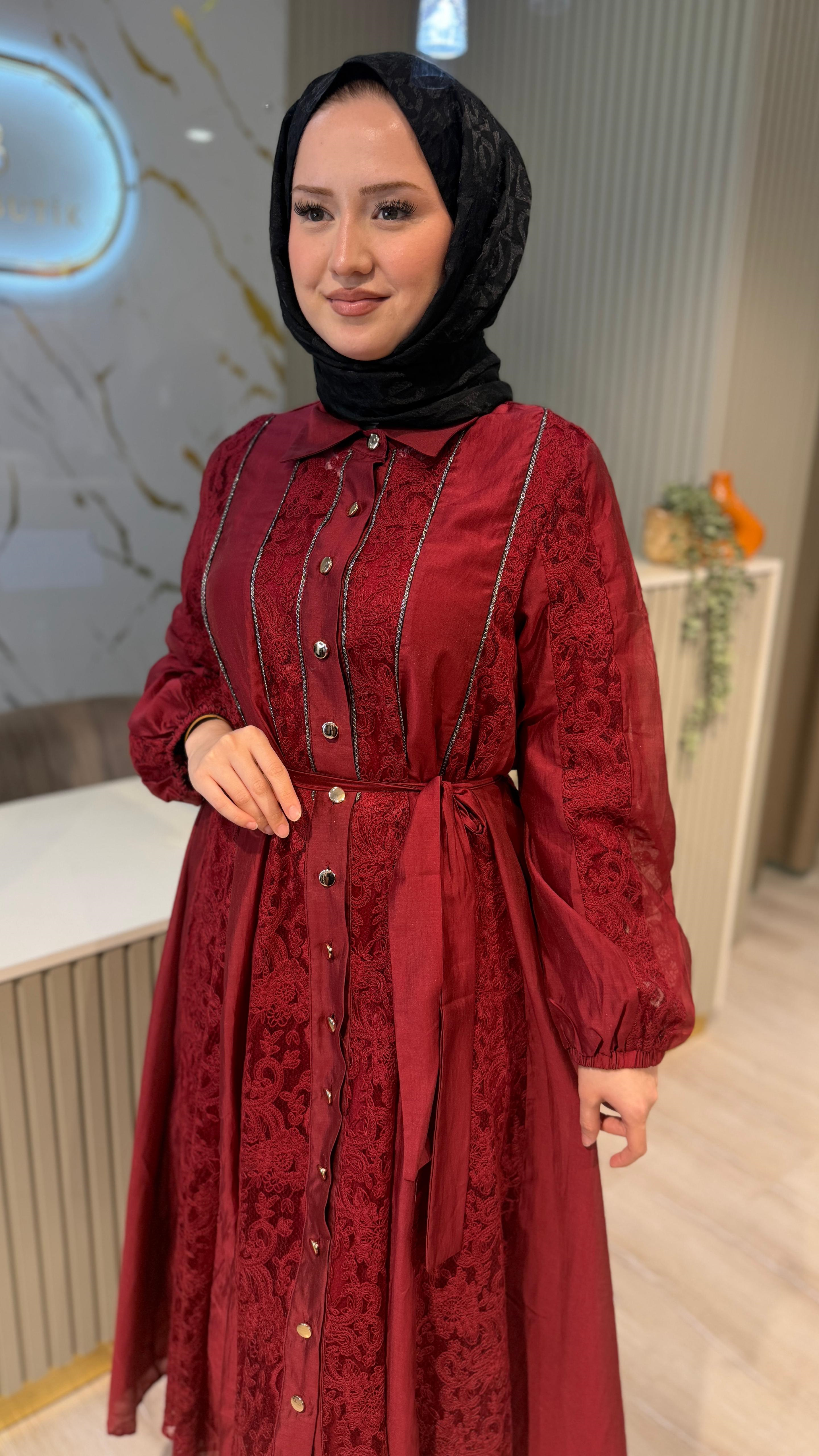 İTHAL 809 DANTEL DETAY ELBİSE - BORDO