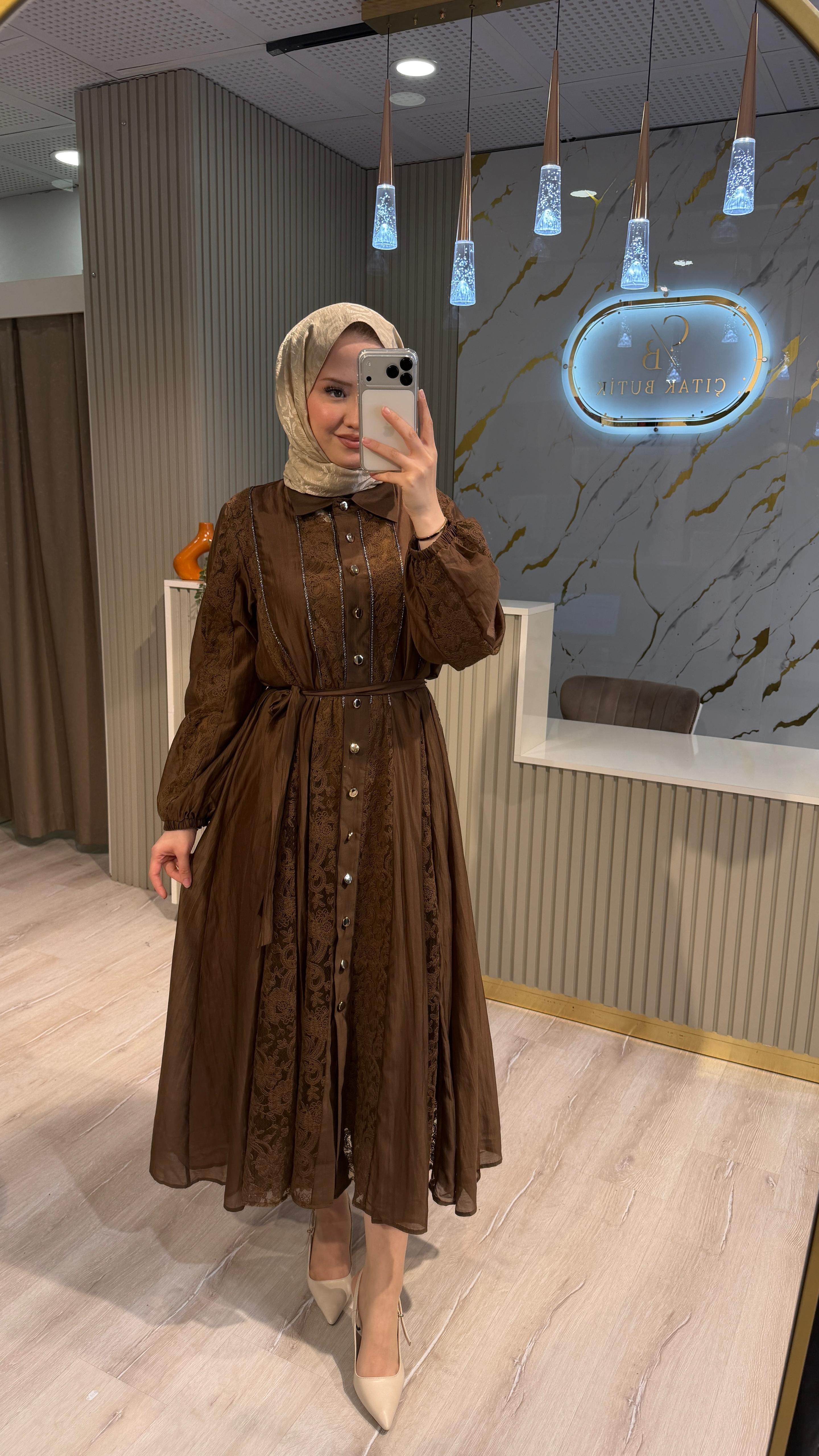 İTHAL 809 DANTEL DETAY ELBİSE - KAHVE