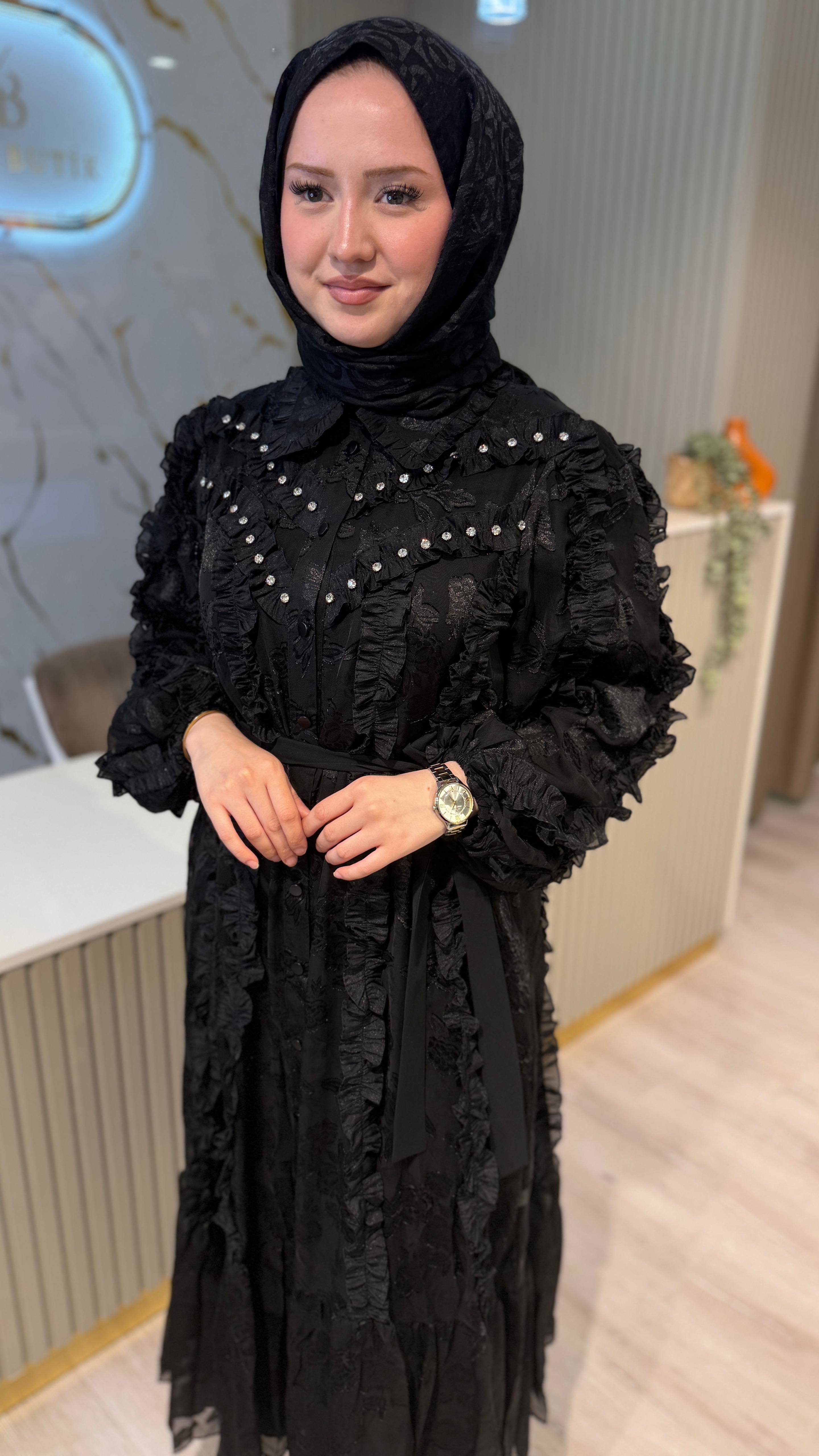 İTHAL 811 TAŞ DETAYLI ELBİSE- SİYAH