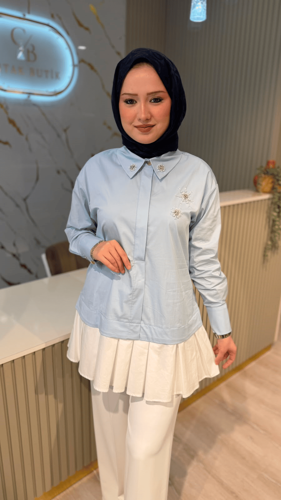 JENNE 01500 KAR TANELİ PİLELİ GÖMLEK - MAVİ