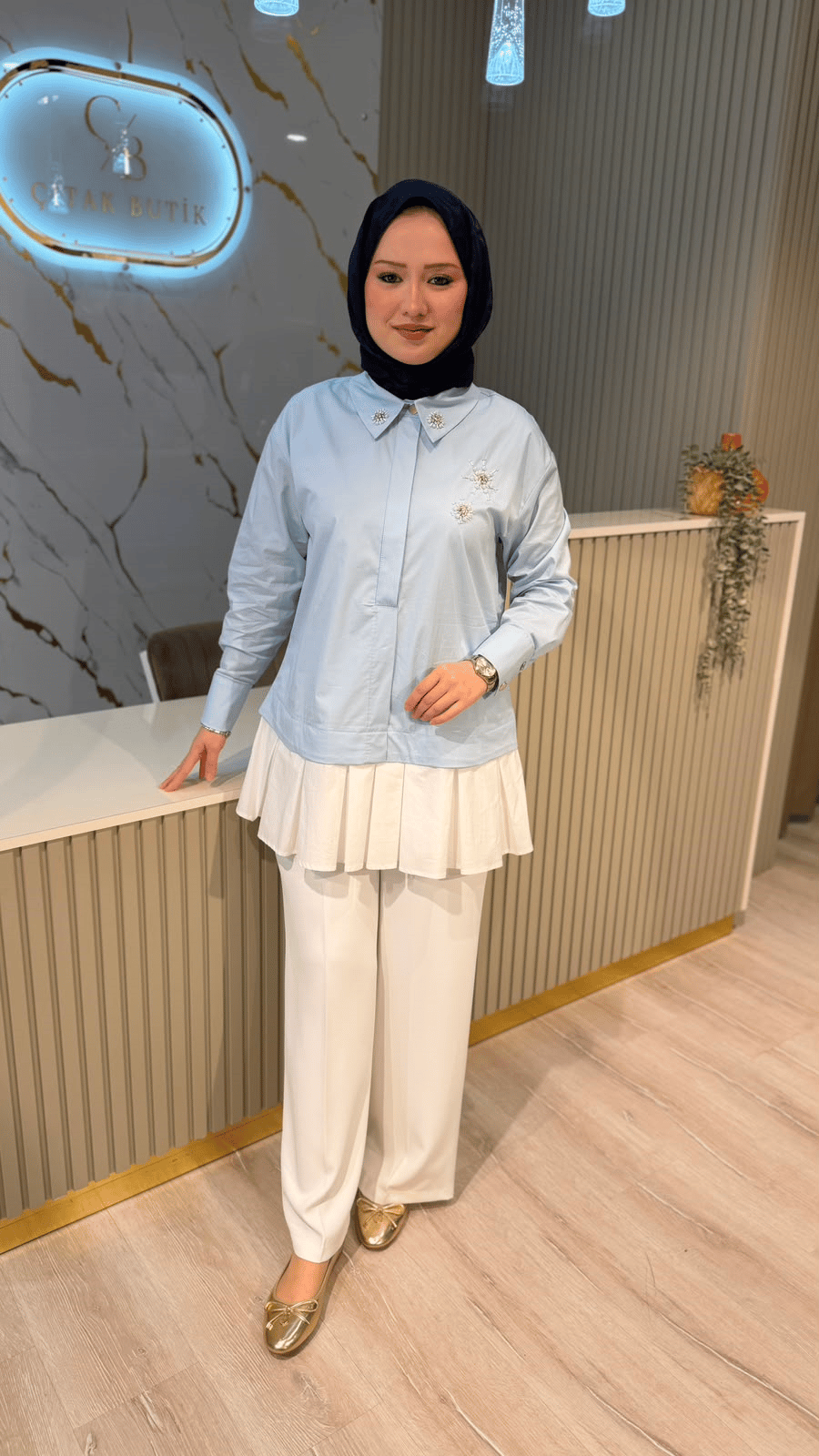 JENNE 01500 KAR TANELİ PİLELİ GÖMLEK - MAVİ