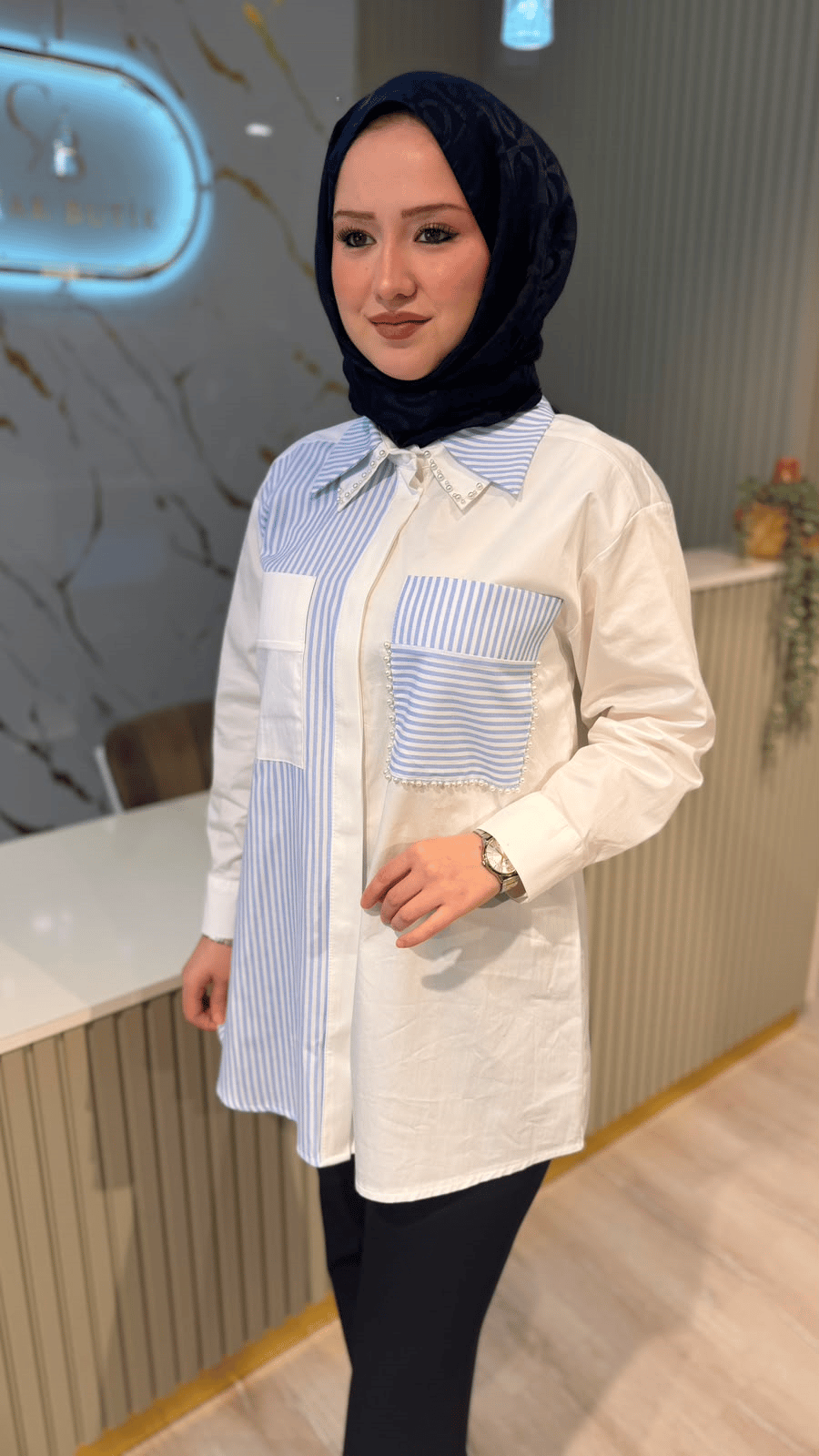 JENNE 1504 İNCİ DETAY GÖMLEK - MAVİ