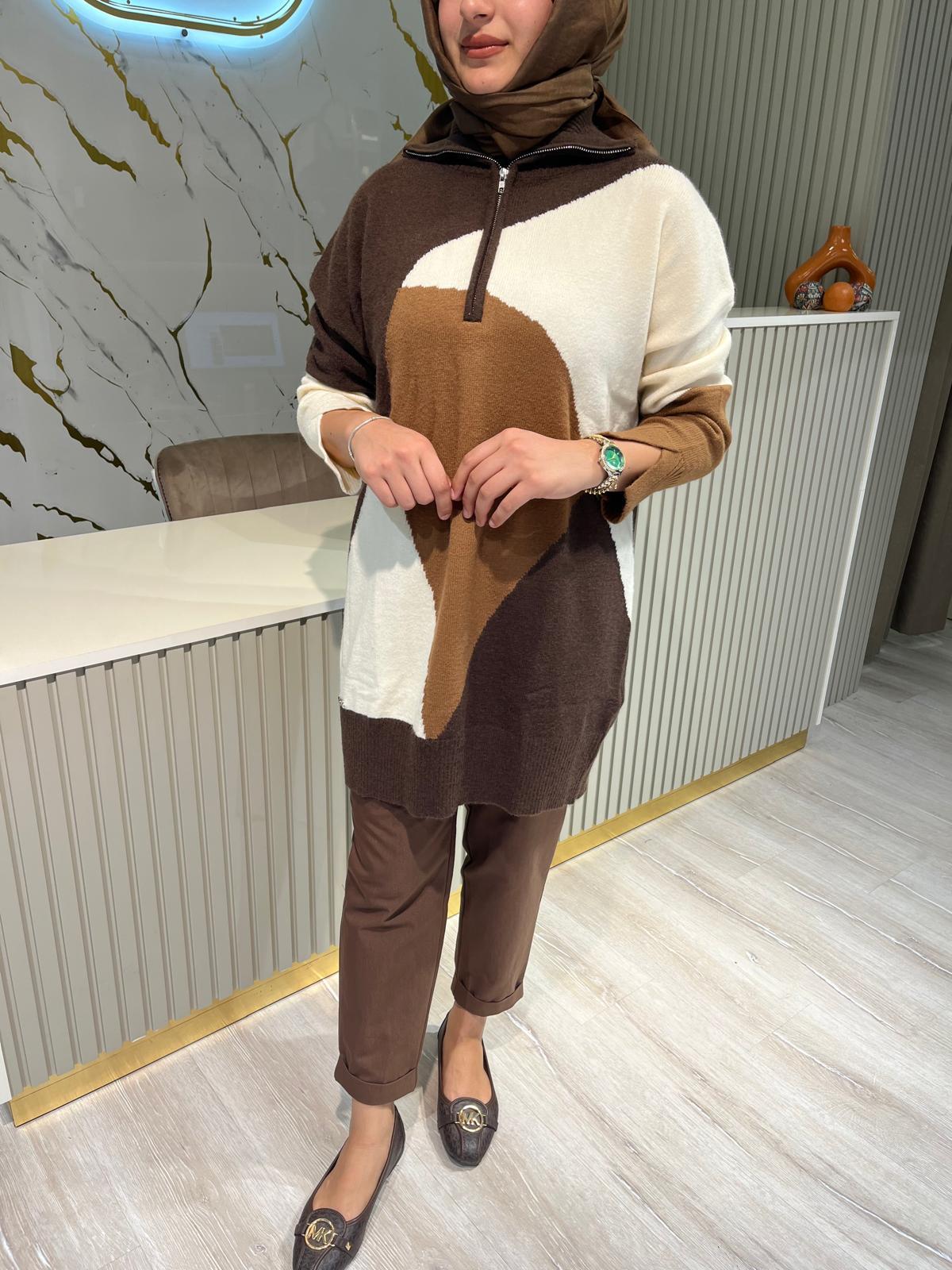KAYRA TRK606 YAKA FERMUARLI TRİKO-KAHVE