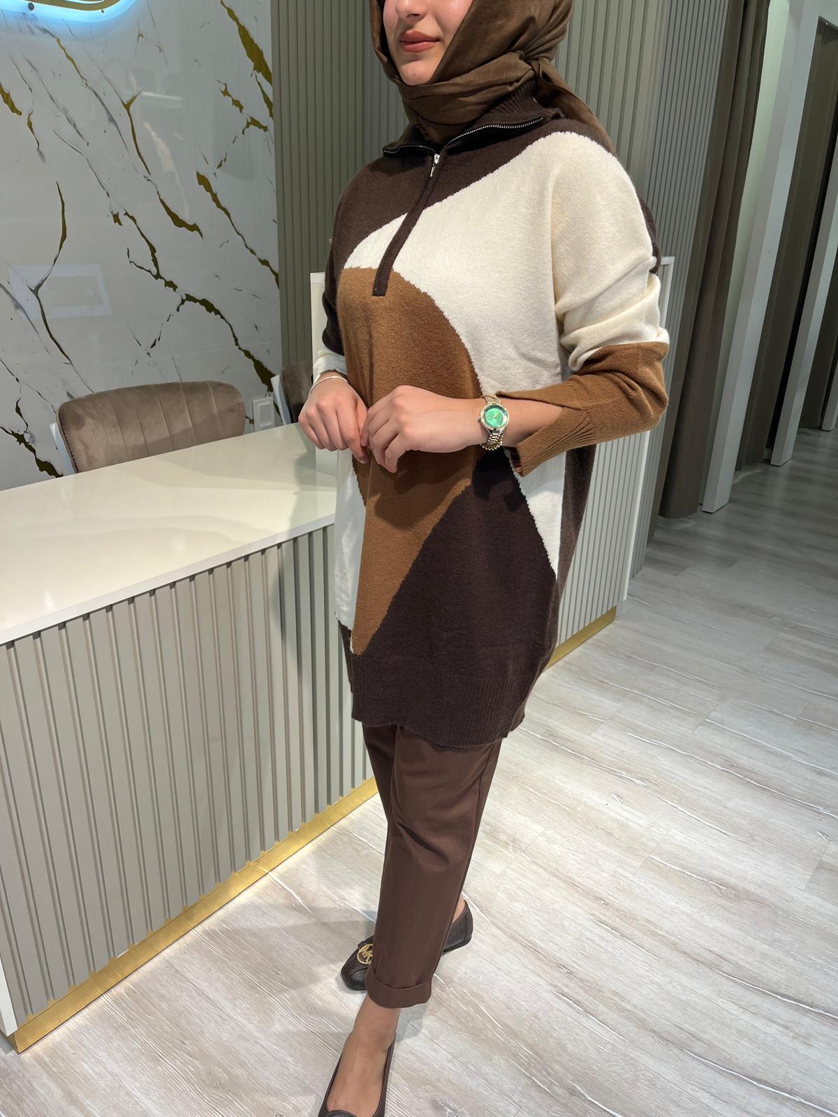 KAYRA TRK606 YAKA FERMUARLI TRİKO-KAHVE