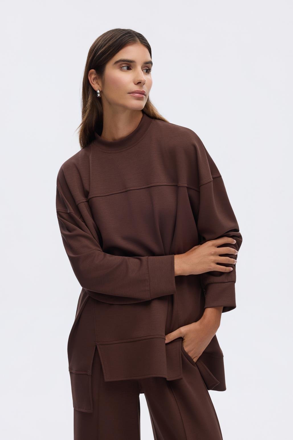 KB 0055 MODAL ÖRME ASİMETRİK KESİM SWEATSHİRT-KAHVE