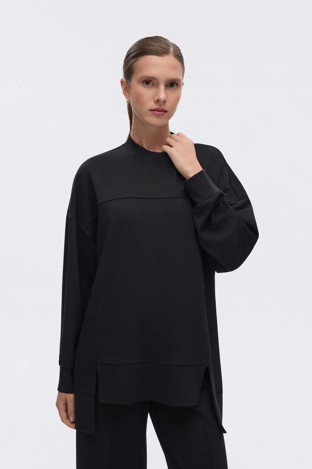 KB 0055 MODAL ÖRME ASİMETRİK KESİM SWEATSHİRT-SİYAH