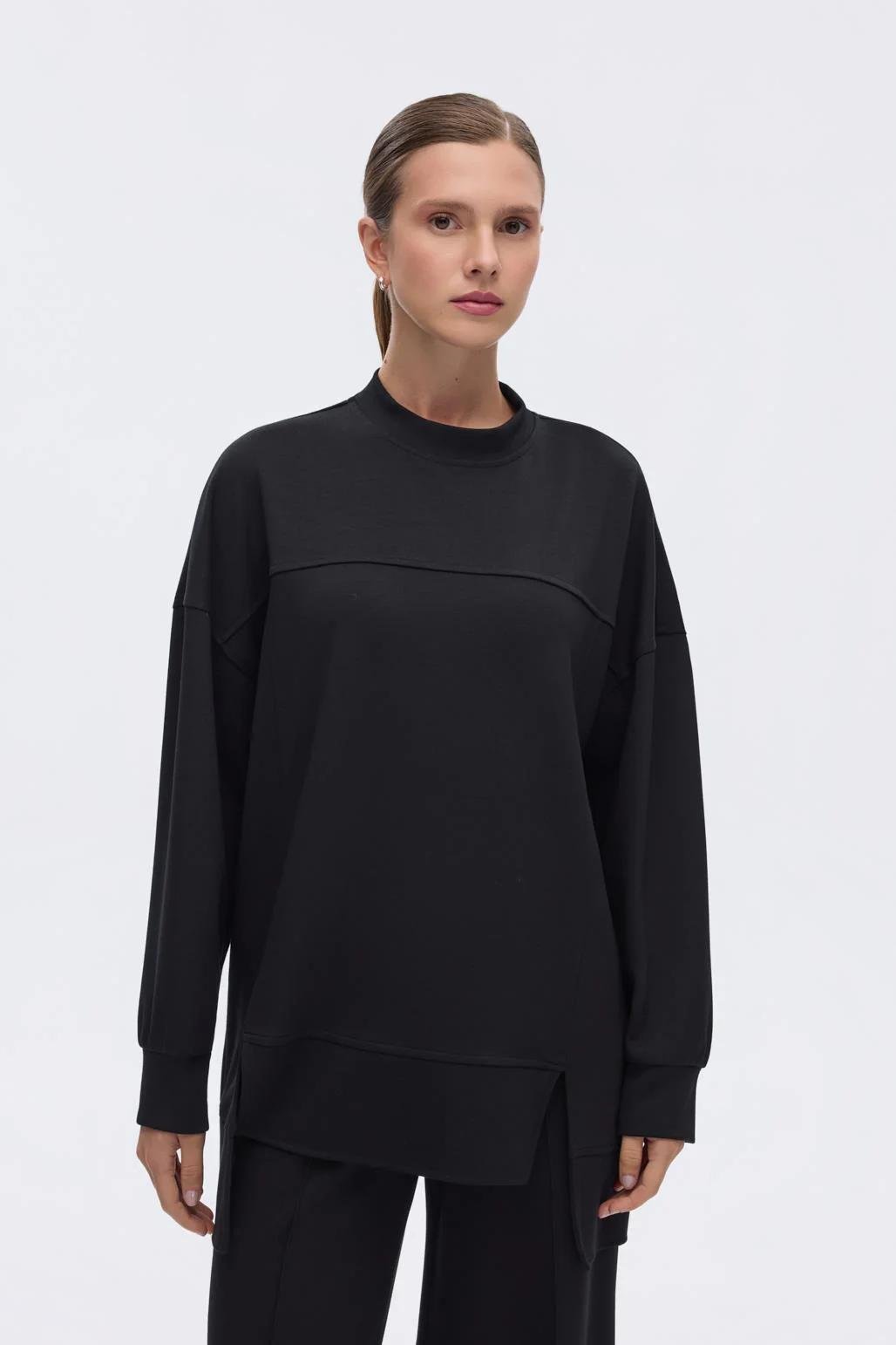 KB 0055 MODAL ÖRME ASİMETRİK KESİM SWEATSHİRT-SİYAH